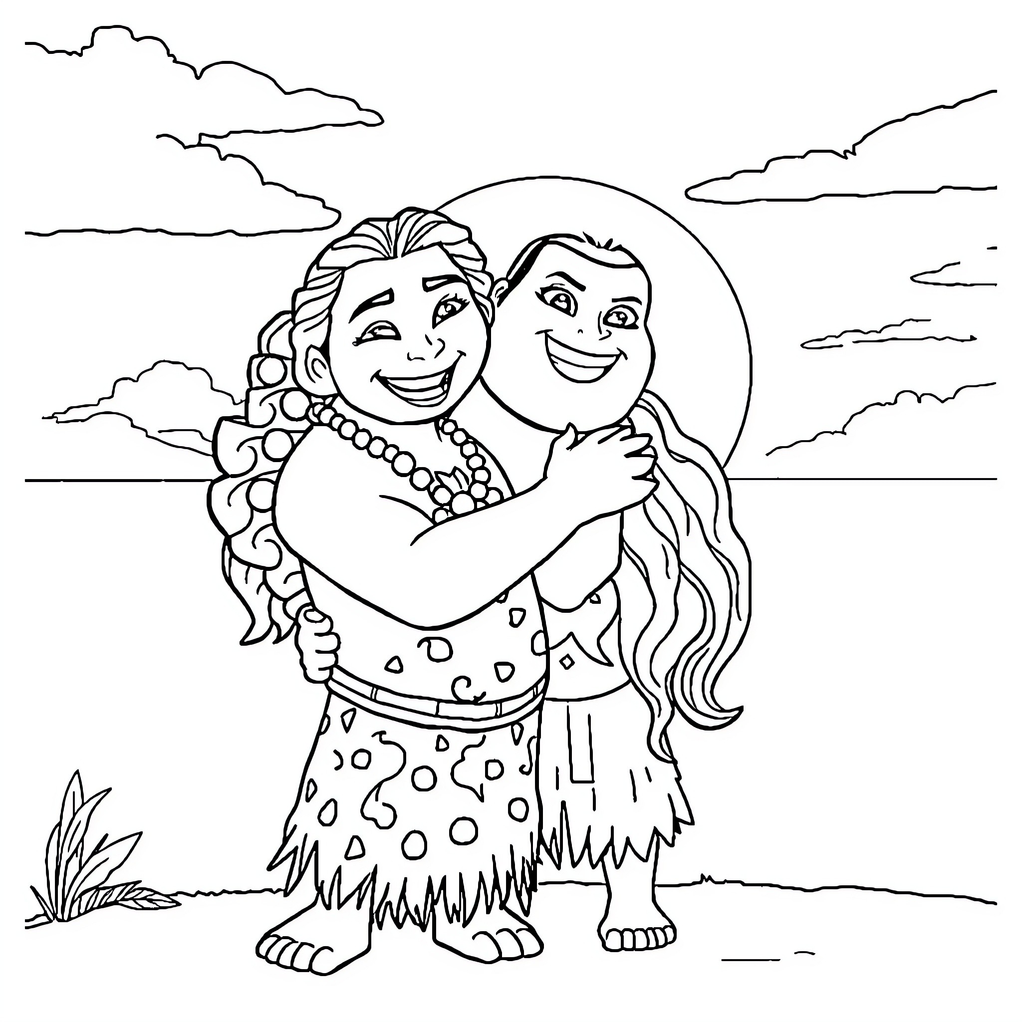 Moana and Maui sharing a joyful embrace Coloring Page (free black-and-white line drawing printable PDF for all, from beginners to advanced learners, including children, teens, adults, and seniors)