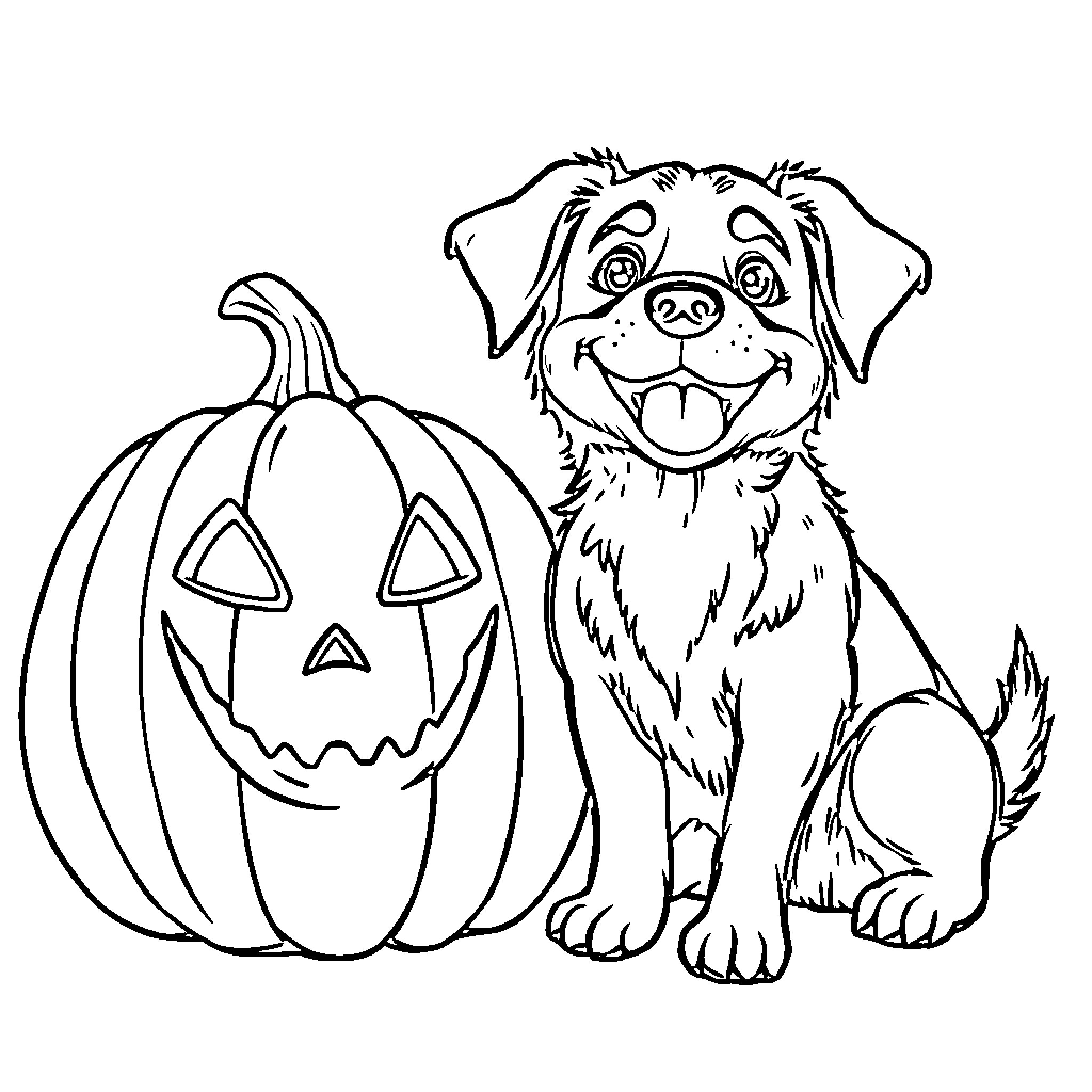 Dog sitting next to a pumpkin Coloring Page (free black-and-white line drawing printable PDF for all, from beginners to advanced learners, including children, teens, adults, and seniors)