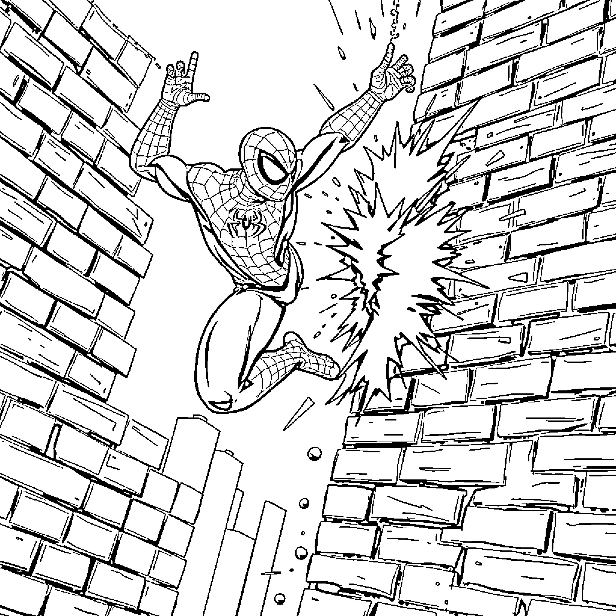 Spiderman swinging through a city and breaking through a brick wall Coloring Page (free black-and-white line drawing printable PDF for all, from beginners to advanced learners, including children, teens, adults, and seniors)