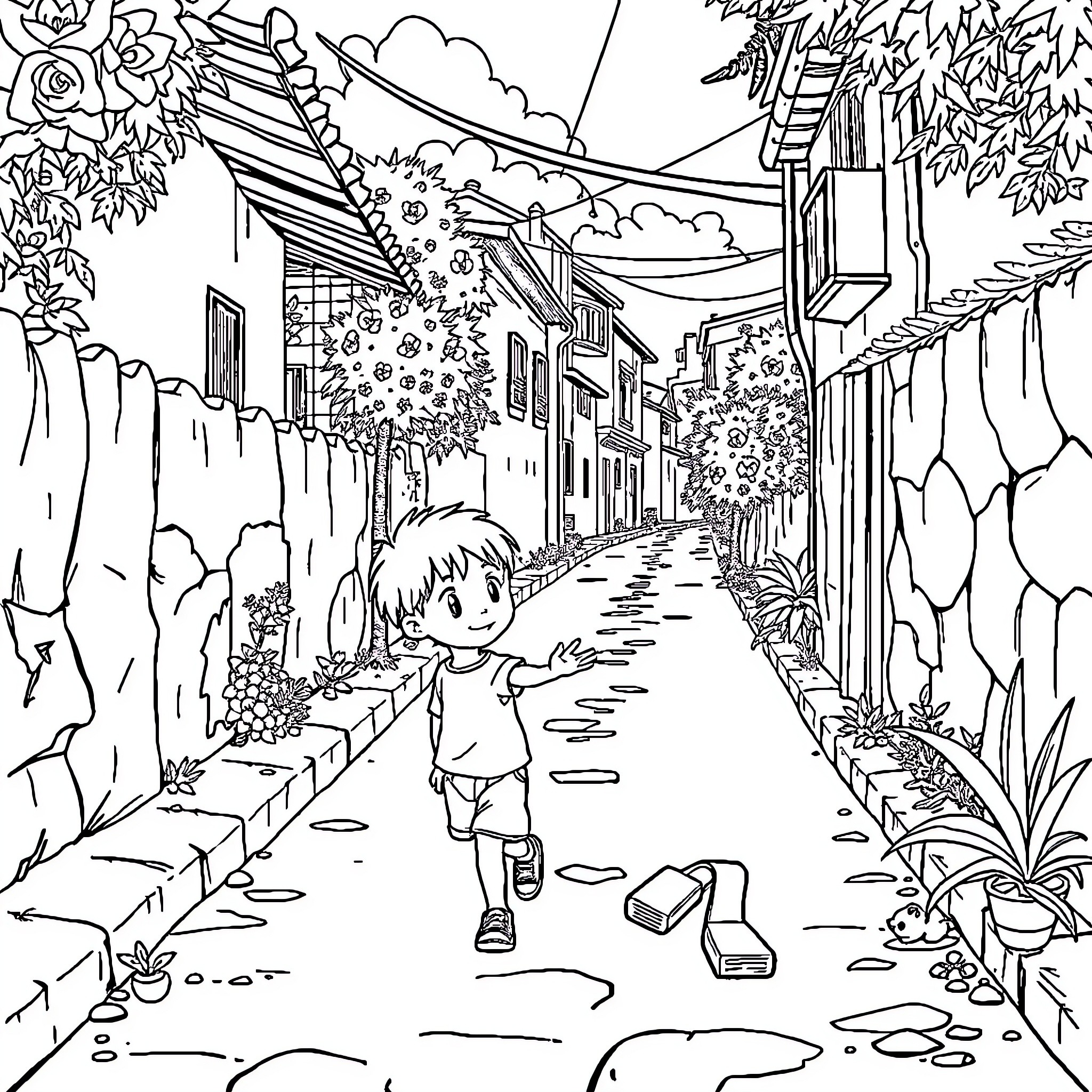 Niño exploring the vibrant village street Coloring Page (free black-and-white line drawing printable PDF for all, from beginners to advanced learners, including children, teens, adults, and seniors)