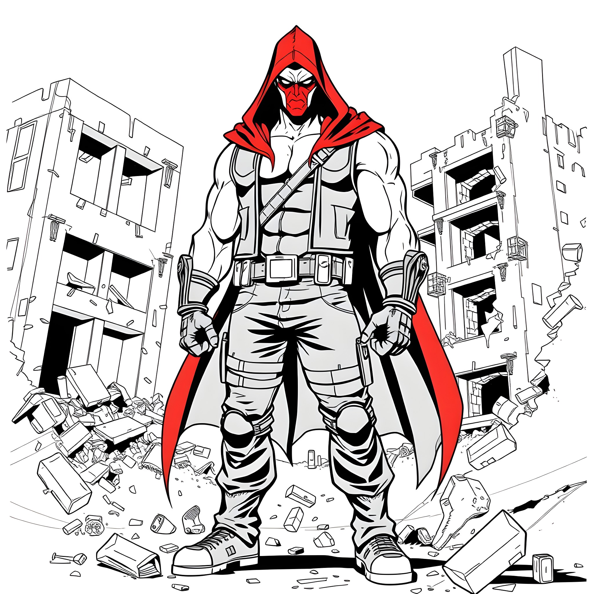 Bane's Domination in the Ruined City Coloring Page (free black-and-white line drawing printable PDF for all, from beginners to advanced learners, including children, teens, adults, and seniors)