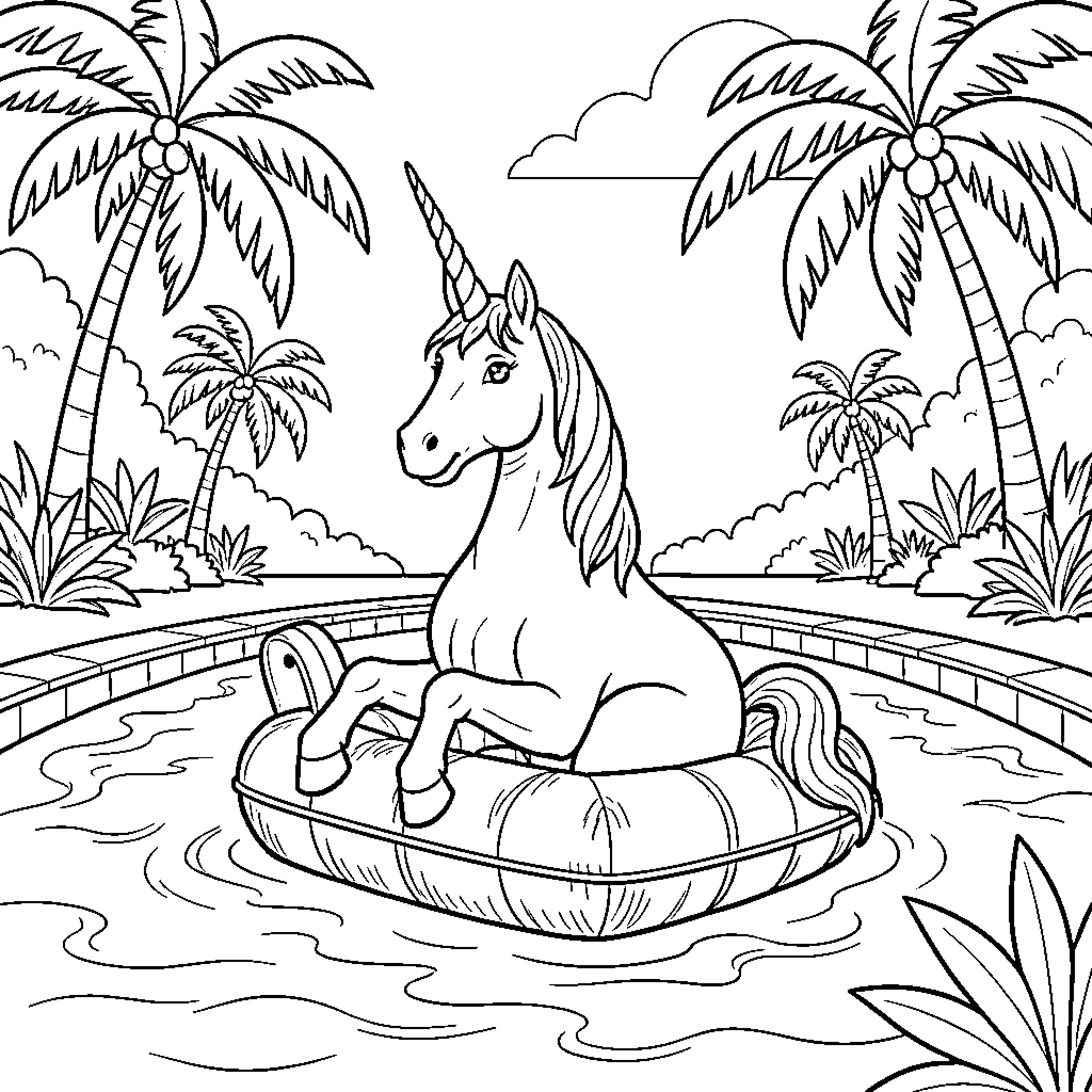 Licorne floating on a raft in a tropical lagoon Coloring Page (free black-and-white line drawing printable PDF for all, from beginners to advanced learners, including children, teens, adults, and seniors)