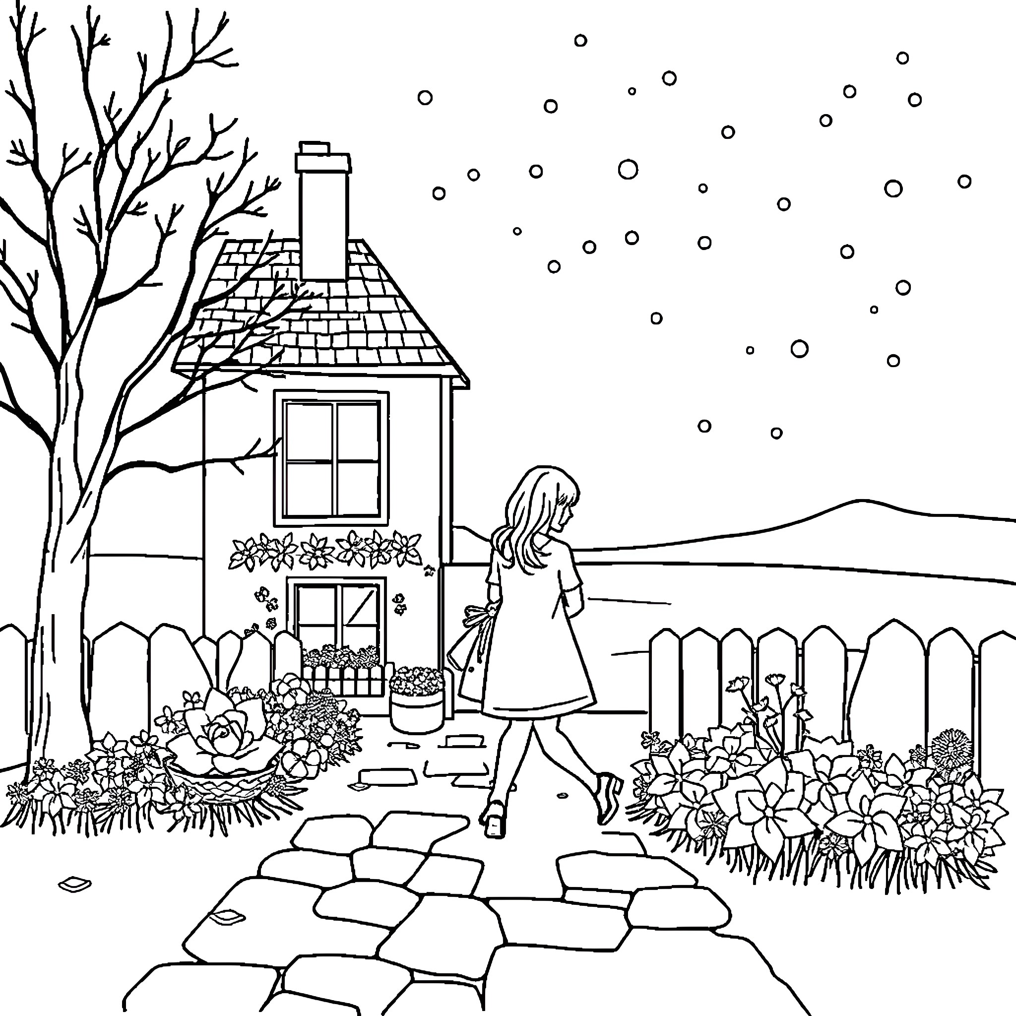 Mother admiring her garden in the snowy countryside Coloring Page (free black-and-white line drawing printable PDF for all, from beginners to advanced learners, including children, teens, adults, and seniors)