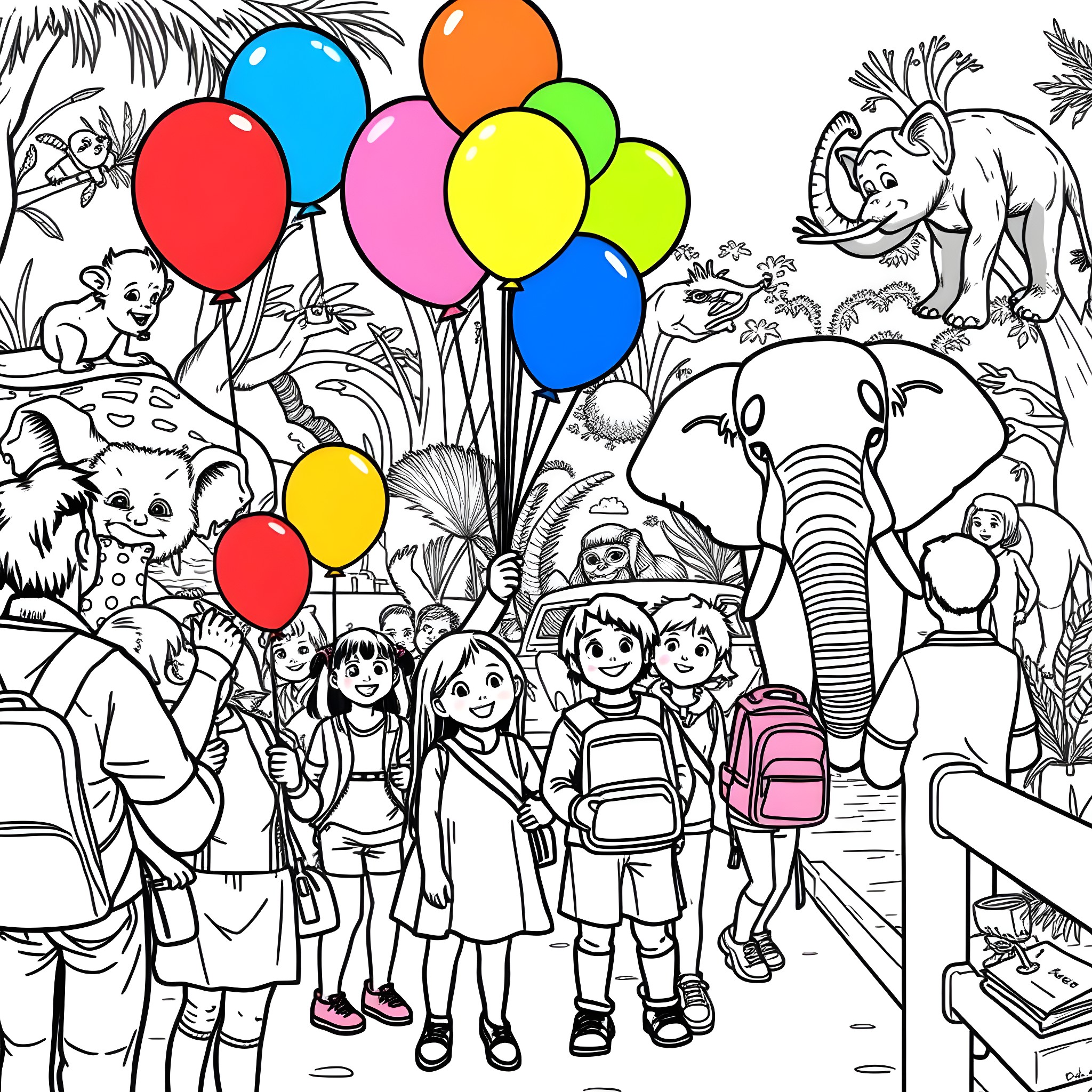 Zoo Visitor Children Explore the Vibrant Animals Coloring Page (free black-and-white line drawing printable PDF for all, from beginners to advanced learners, including children, teens, adults, and seniors)