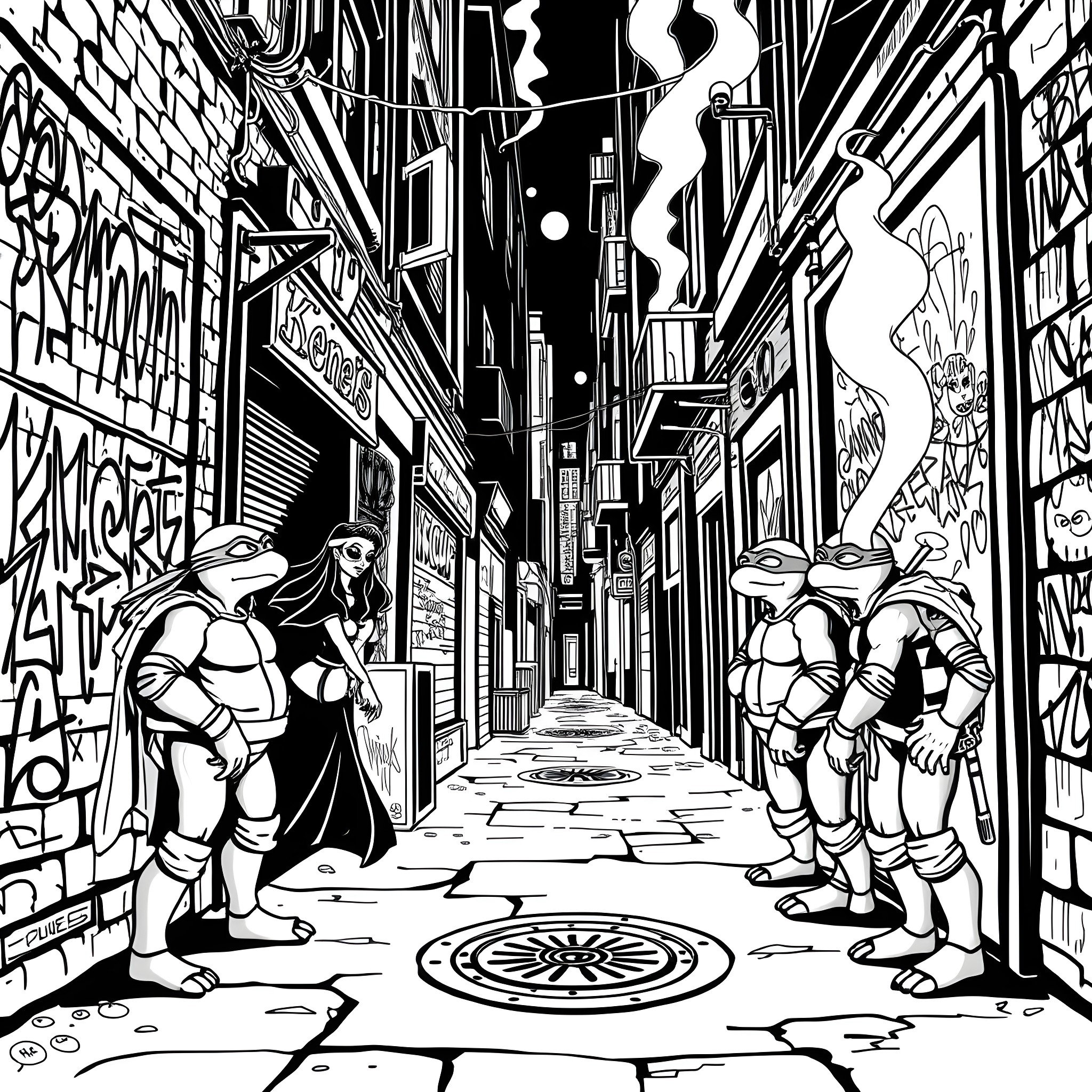 Elvira's Encounter with Ninja Turtles in Graffiti-Filled Alley Coloring Page (free black-and-white line drawing printable PDF for all, from beginners to advanced learners, including children, teens, adults, and seniors)