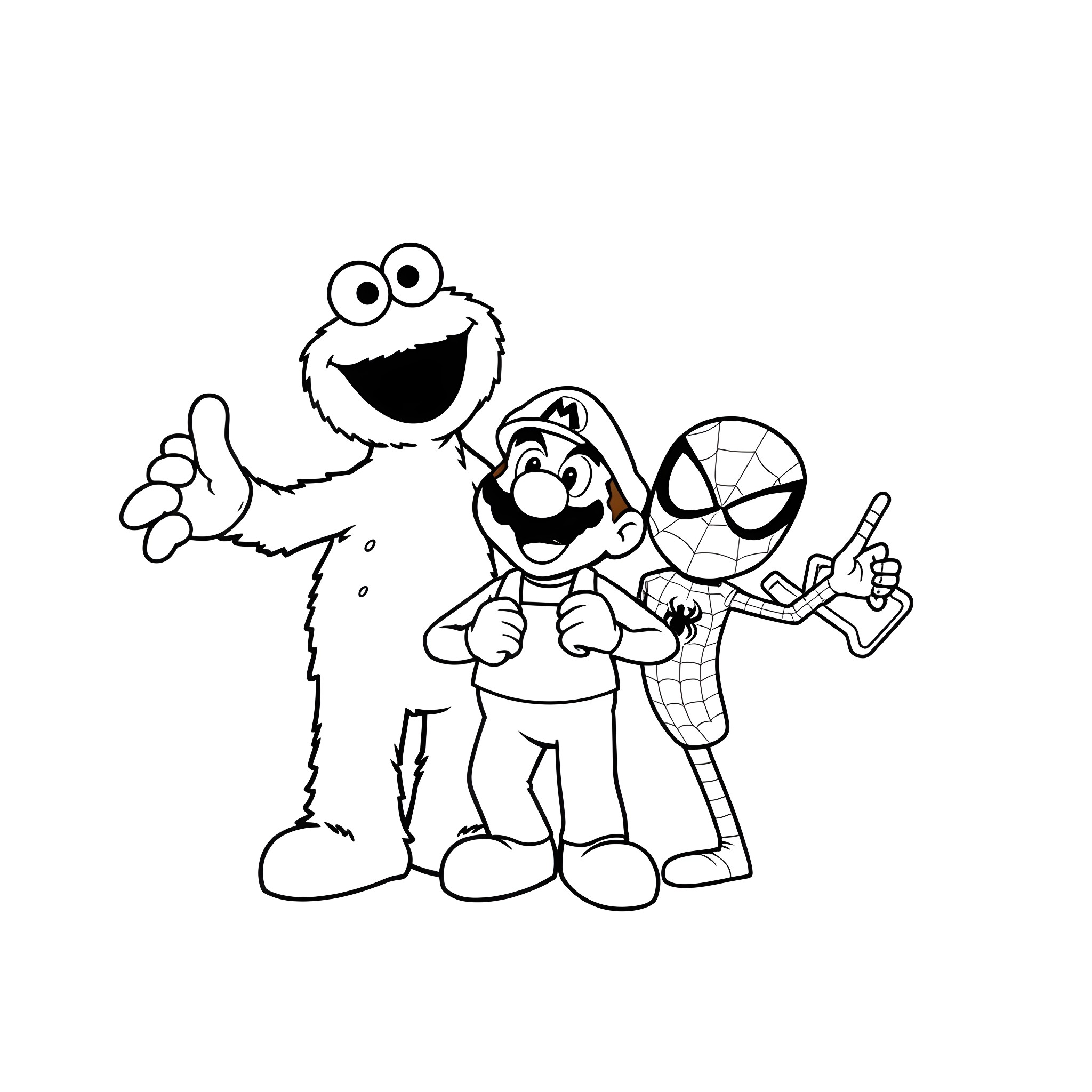 Cookie Monster and Friends in Playful Antics Coloring Page (free black-and-white line drawing printable PDF for all, from beginners to advanced learners, including children, teens, adults, and seniors)