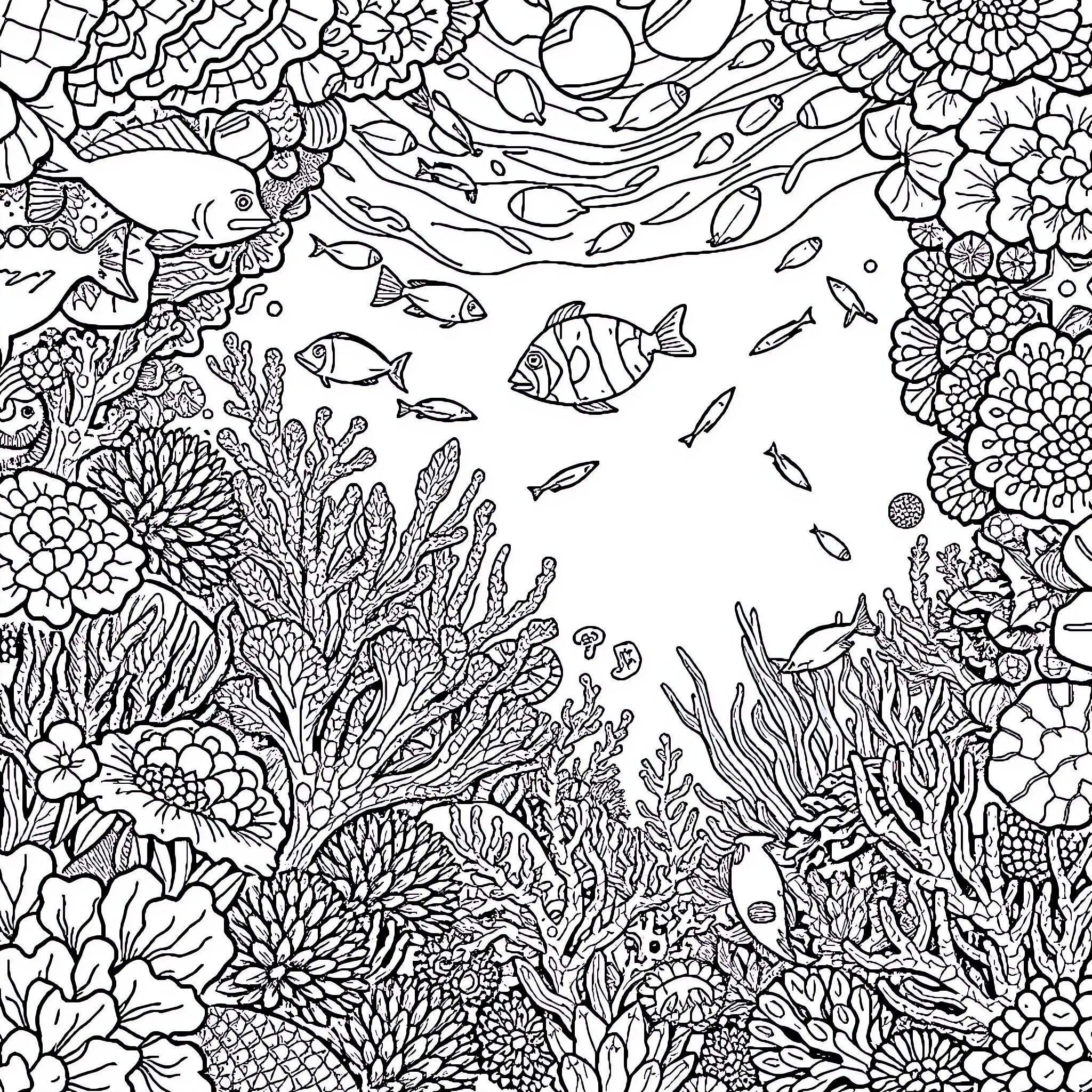 Underwater Coral Reef with Tropical Fish Coloring Page (free black-and-white line drawing printable PDF for all, from beginners to advanced learners, including children, teens, adults, and seniors)