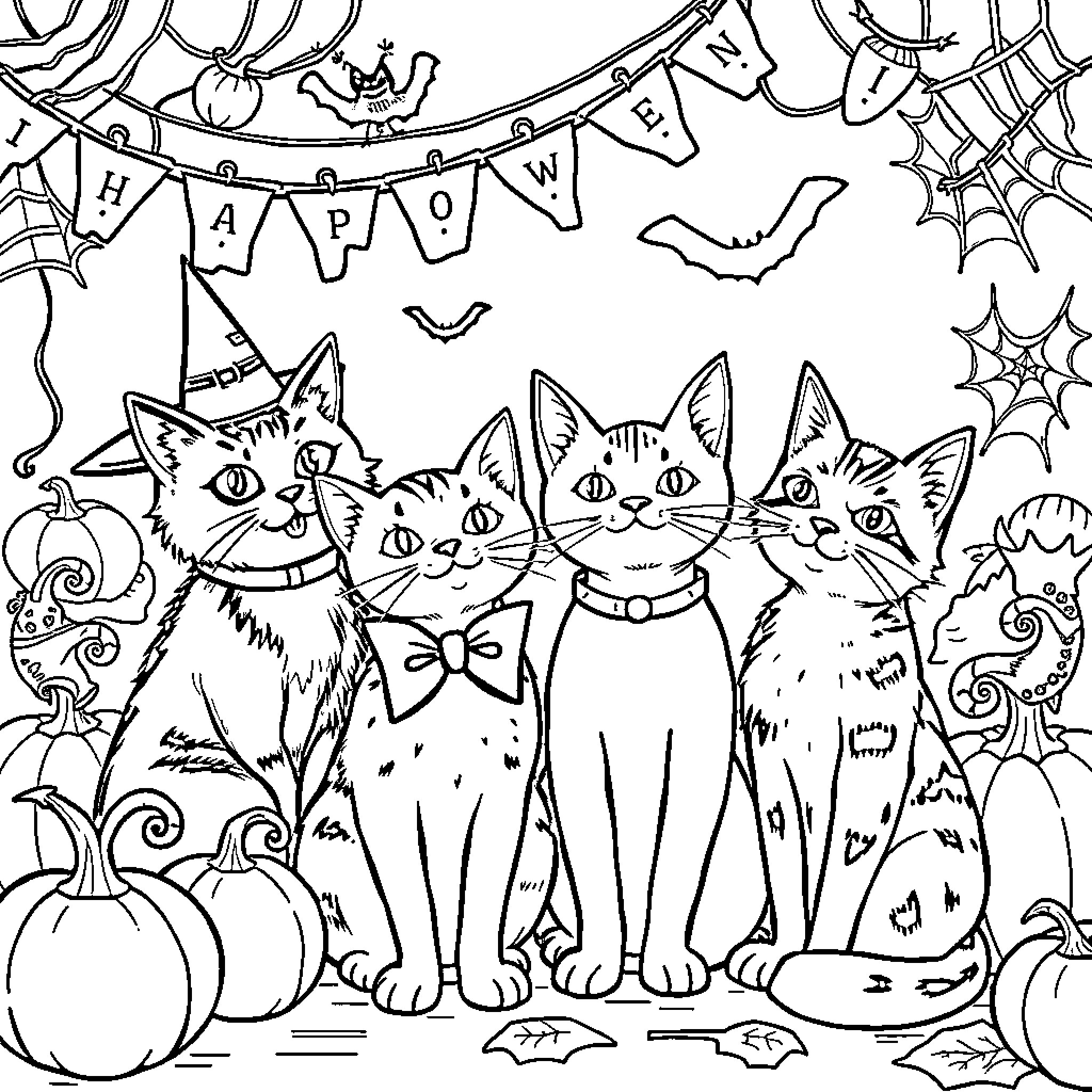 Cat Halloween Party with Spooky Decorations Coloring Page (free black-and-white line drawing printable PDF for all, from beginners to advanced learners, including children, teens, adults, and seniors)