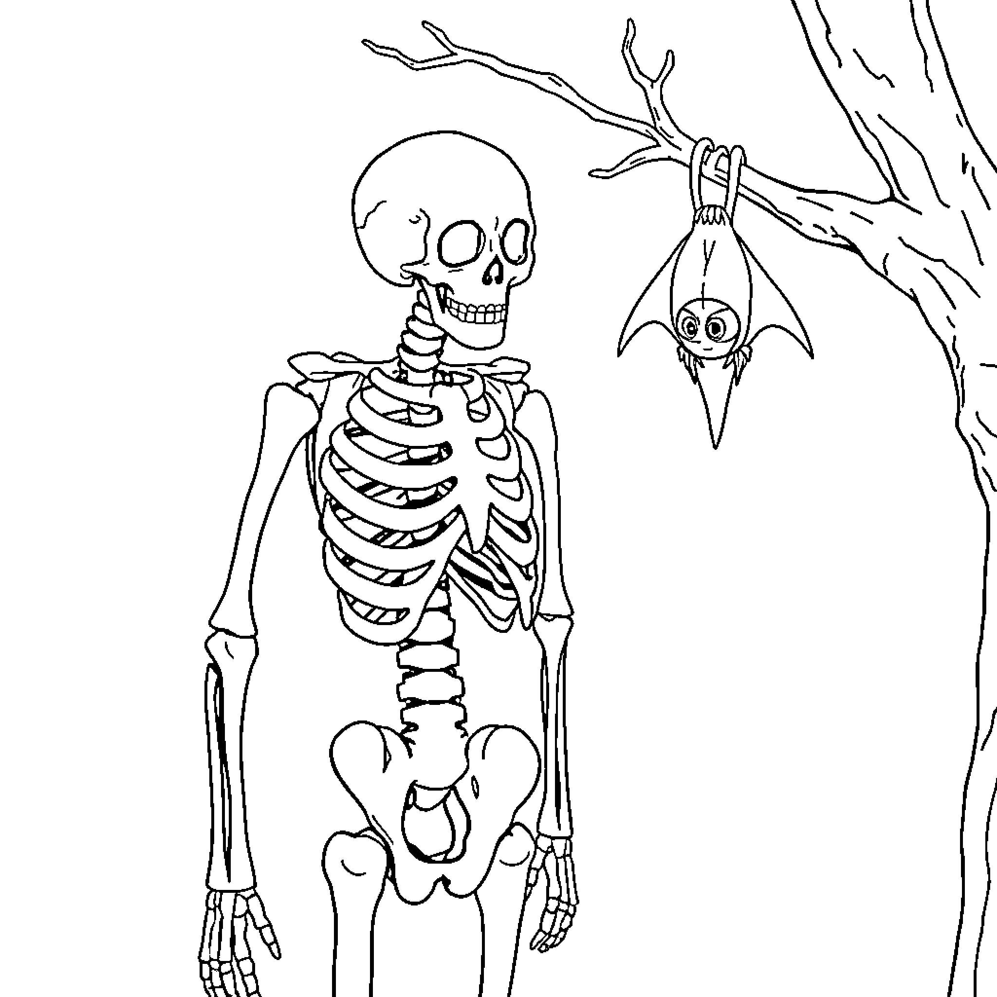 Skeleton with quirky bat companion in spooky forest Coloring Page (free black-and-white line drawing printable PDF for all, from beginners to advanced learners, including children, teens, adults, and seniors)