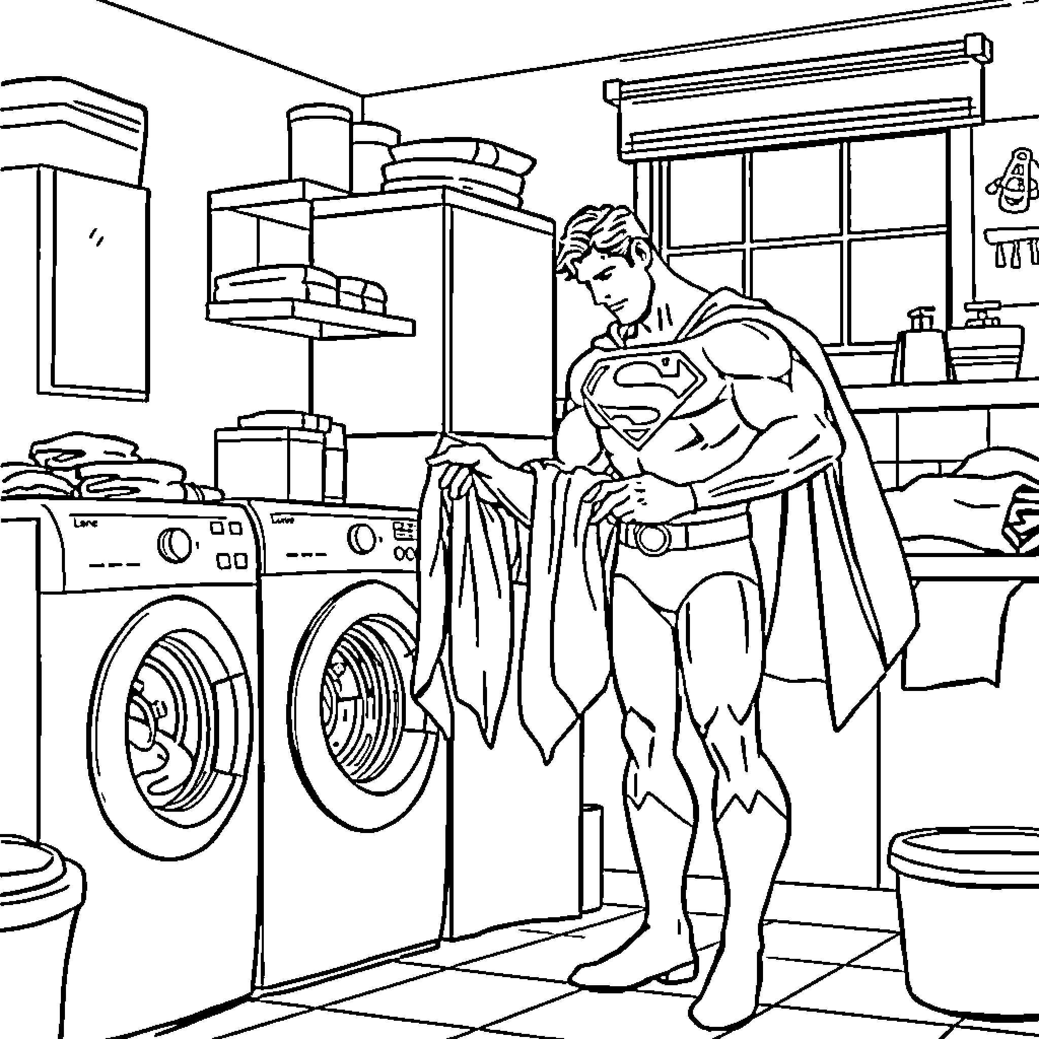 Superman doing laundry in his home Coloring Page (free black-and-white line drawing printable PDF for all, from beginners to advanced learners, including children, teens, adults, and seniors)