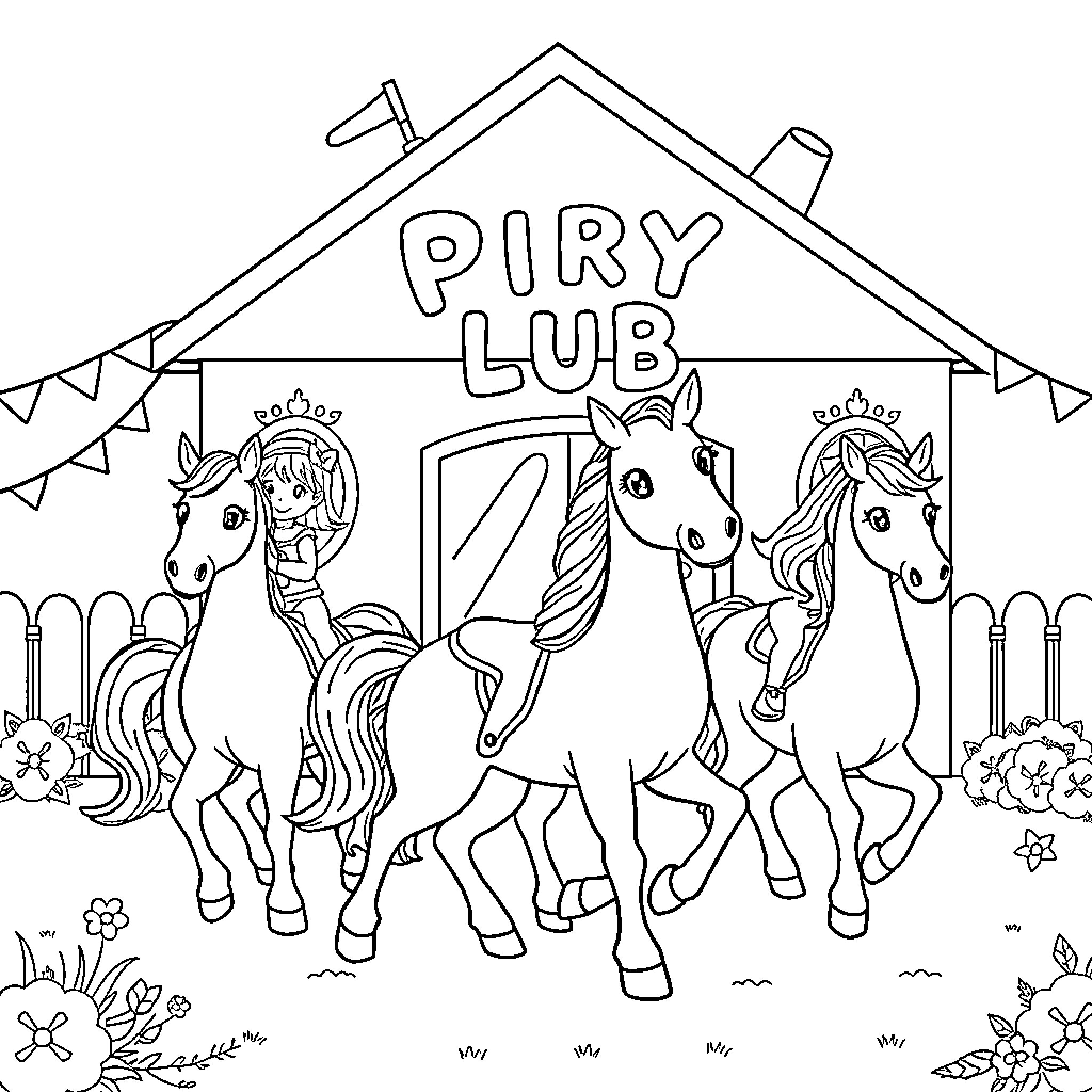 Pony Parade at the Piry Lub Clubhouse Coloring Page (free black-and-white line drawing printable PDF for all, from beginners to advanced learners, including children, teens, adults, and seniors)