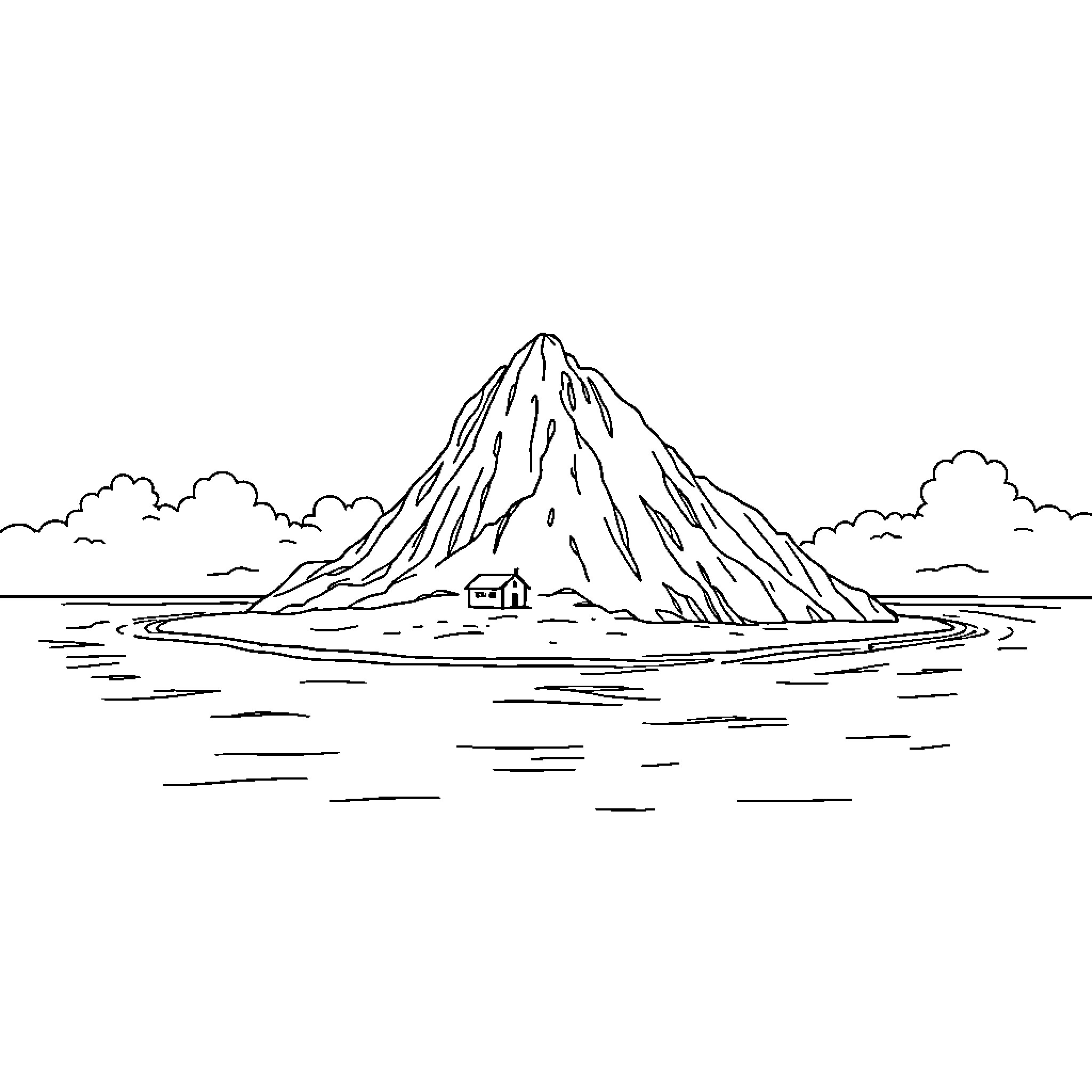 Island surrounded by tranquil waters Coloring Page (free black-and-white line drawing printable PDF for all, from beginners to advanced learners, including children, teens, adults, and seniors)