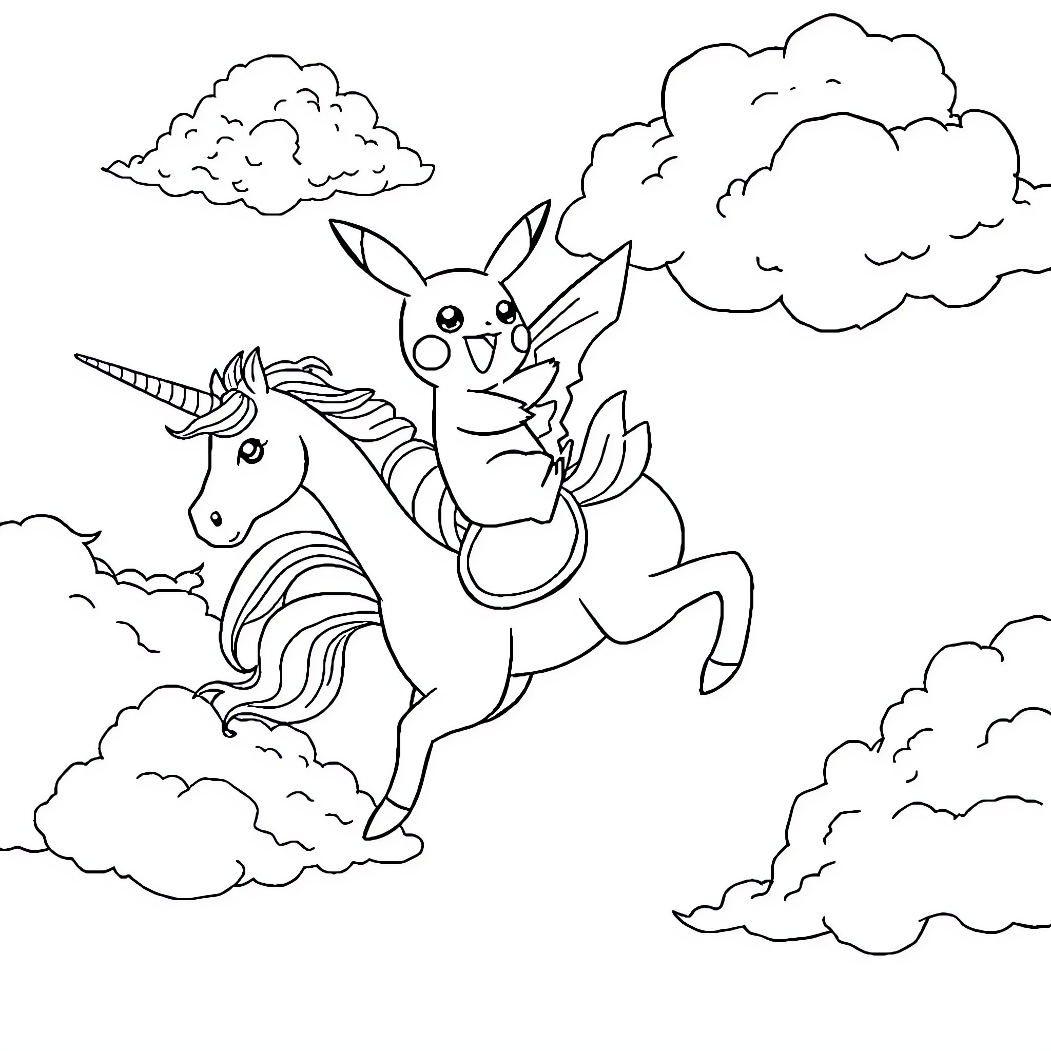 Pikachu riding a unicorn in the clouds Coloring Page (free black-and-white line drawing printable PDF for all, from beginners to advanced learners, including children, teens, adults, and seniors)