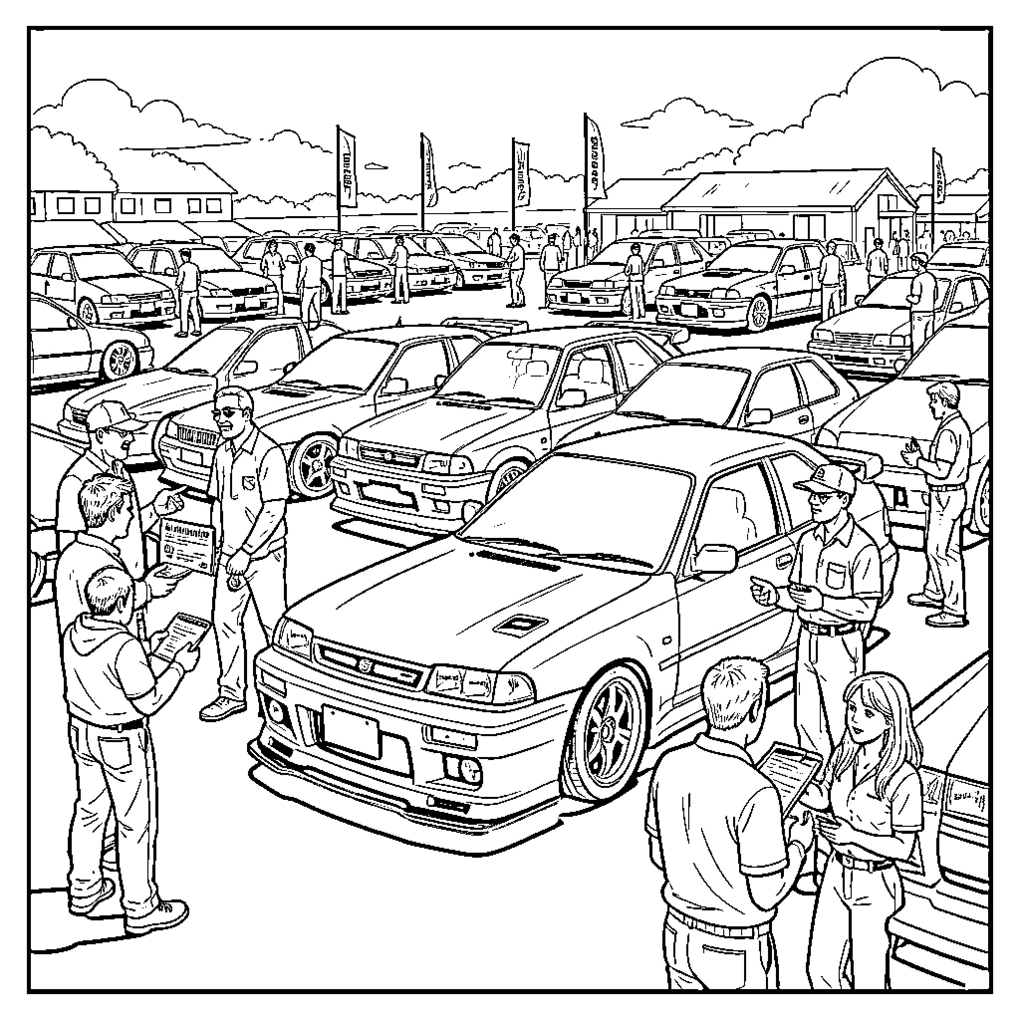 JDM car enthusiasts gathering at an outdoor auto show Coloring Page (free black-and-white line drawing printable PDF for all, from beginners to advanced learners, including children, teens, adults, and seniors)