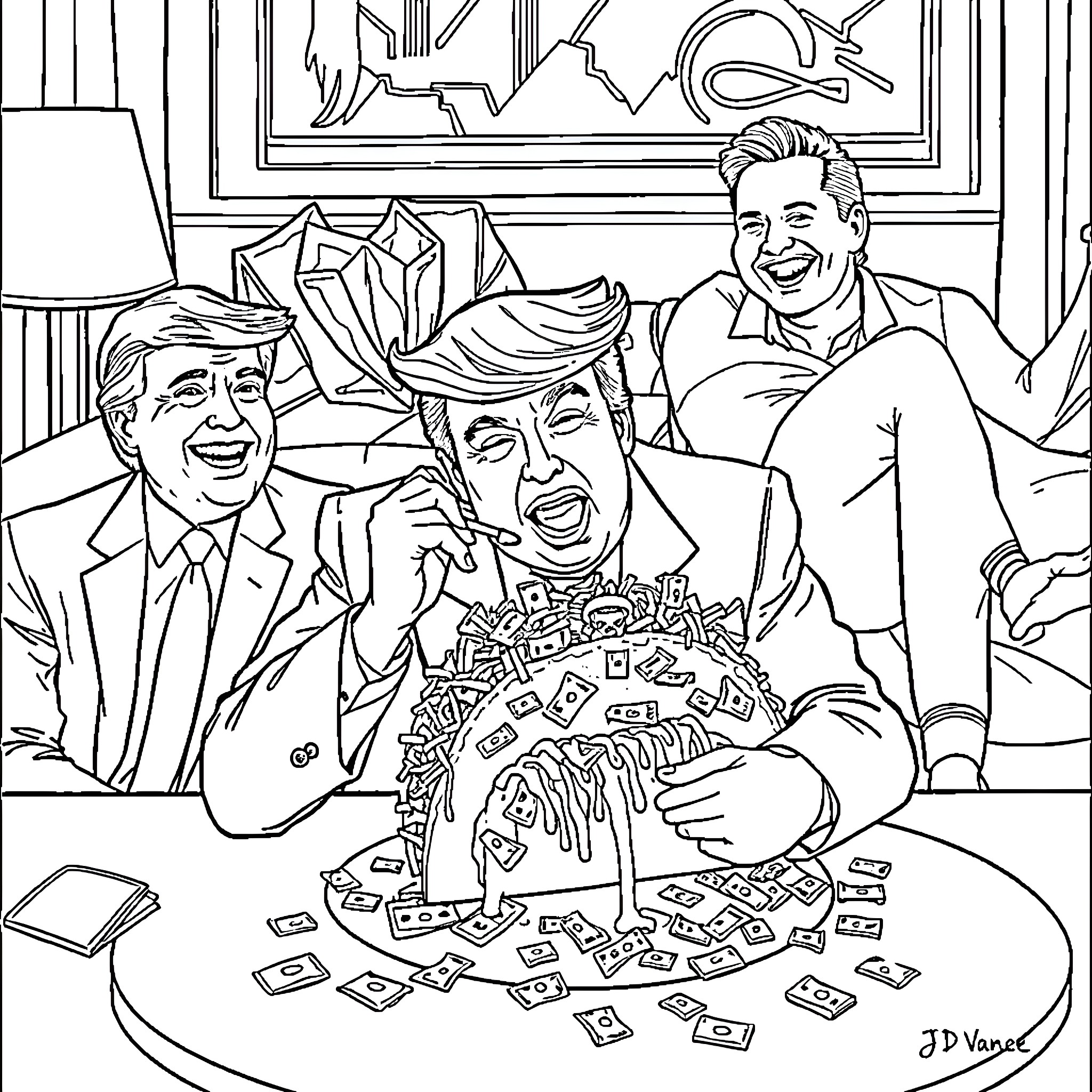 Donald Trump Celebrating with Other Individuals Coloring Page (free black-and-white line drawing printable PDF for all, from beginners to advanced learners, including children, teens, adults, and seniors)