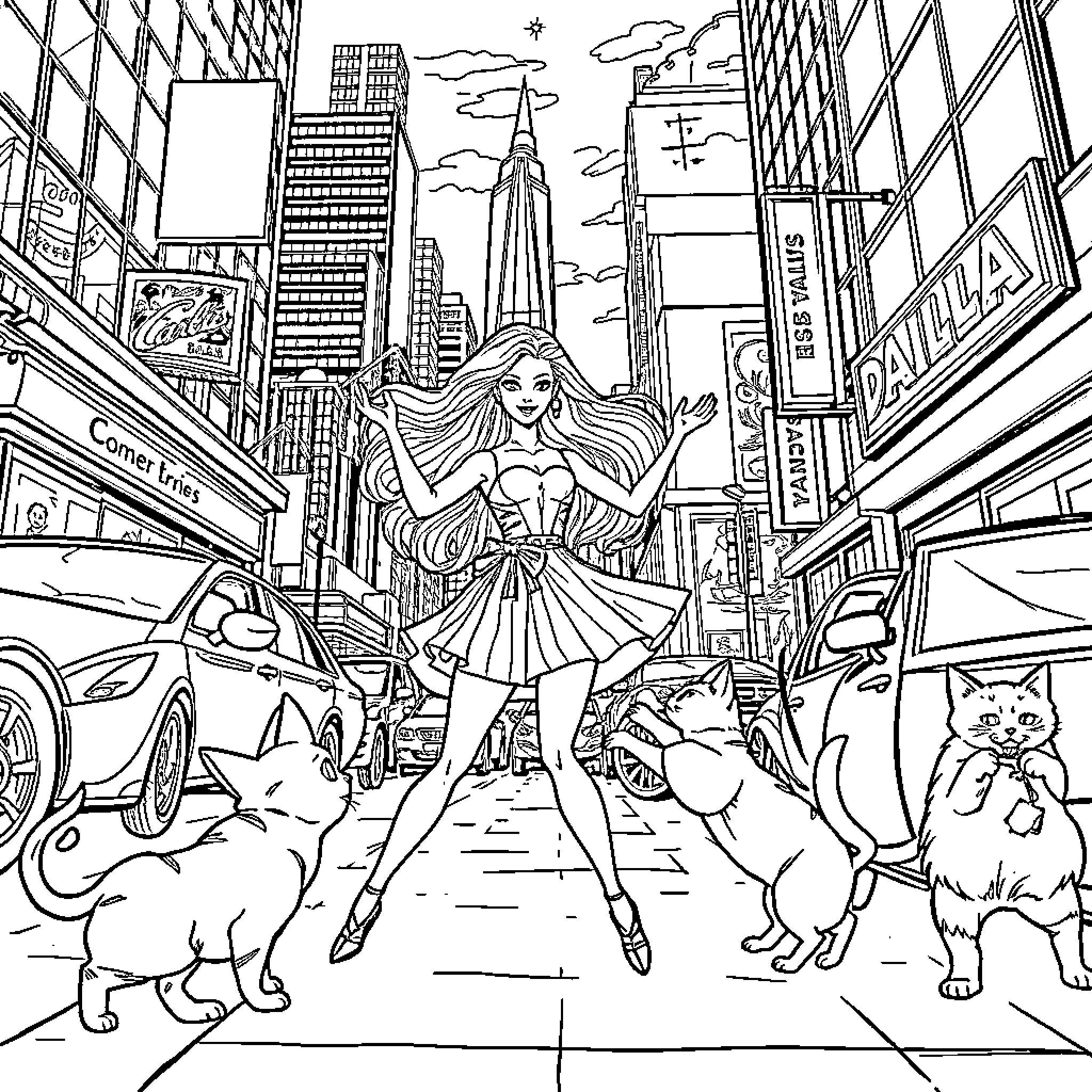 Barbie's New York City Adventure with Feline Friends Coloring Page (free black-and-white line drawing printable PDF for all, from beginners to advanced learners, including children, teens, adults, and seniors)