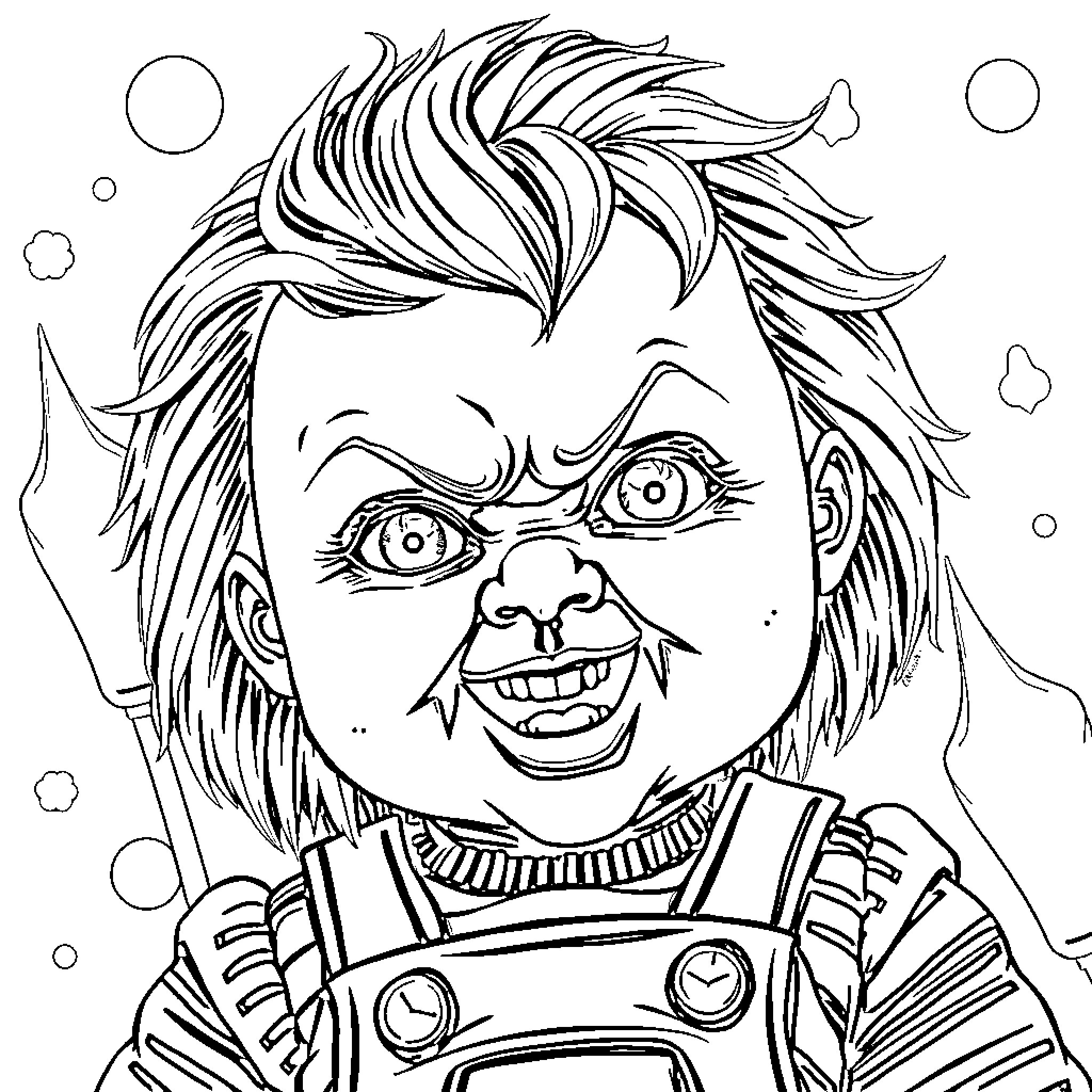 Chucky Doll's Mischievous Expression Coloring Page (free black-and-white line drawing printable PDF for all, from beginners to advanced learners, including children, teens, adults, and seniors)