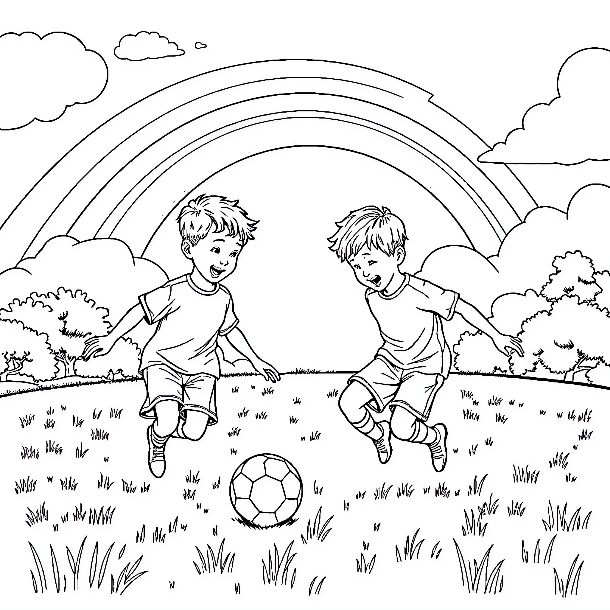 Brothers playing joyfully with a soccer ball Coloring Page (free black-and-white line drawing printable PDF for all, from beginners to advanced learners, including children, teens, adults, and seniors)