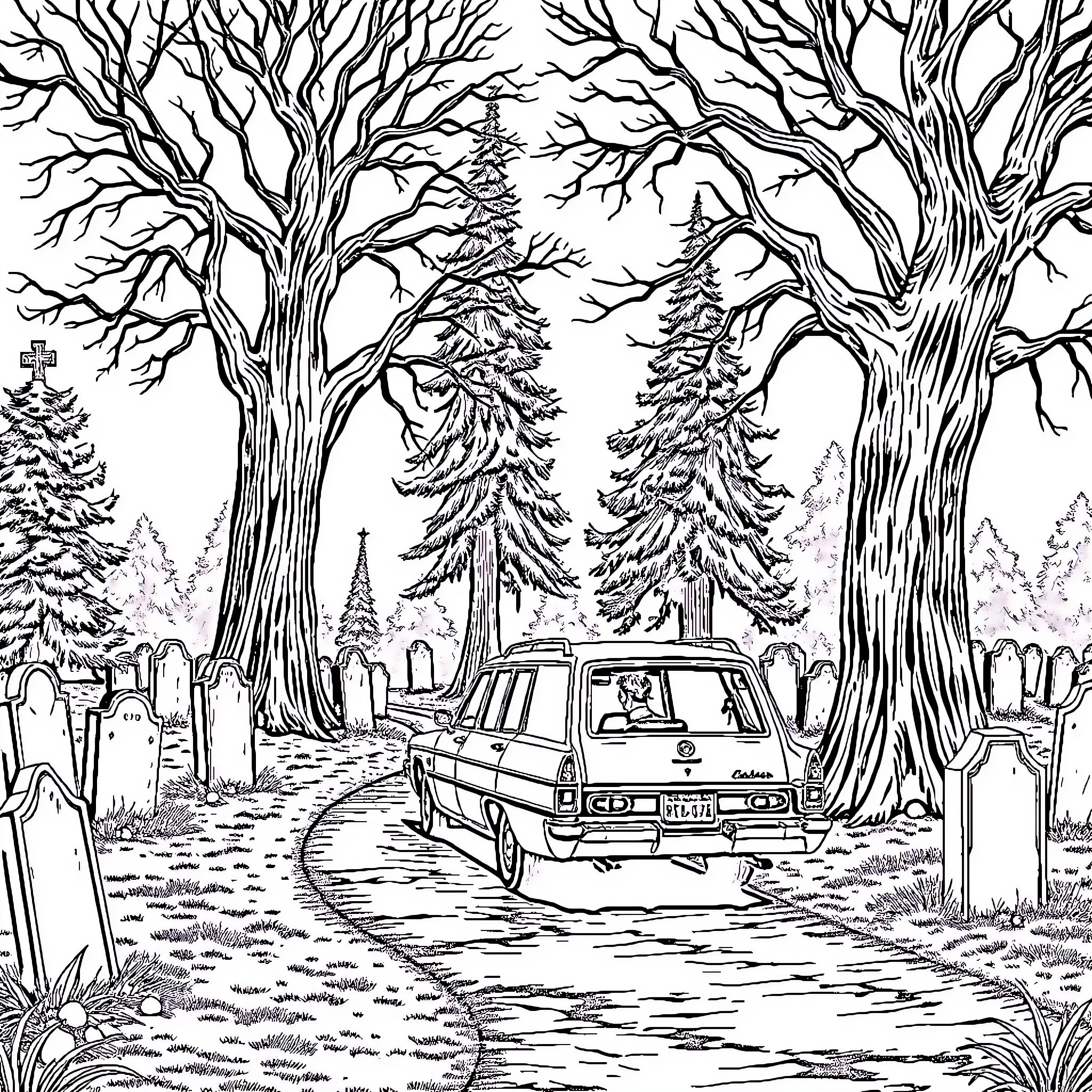 Hearse passing through eerie graveyard Coloring Page (free black-and-white line drawing printable PDF for all, from beginners to advanced learners, including children, teens, adults, and seniors)