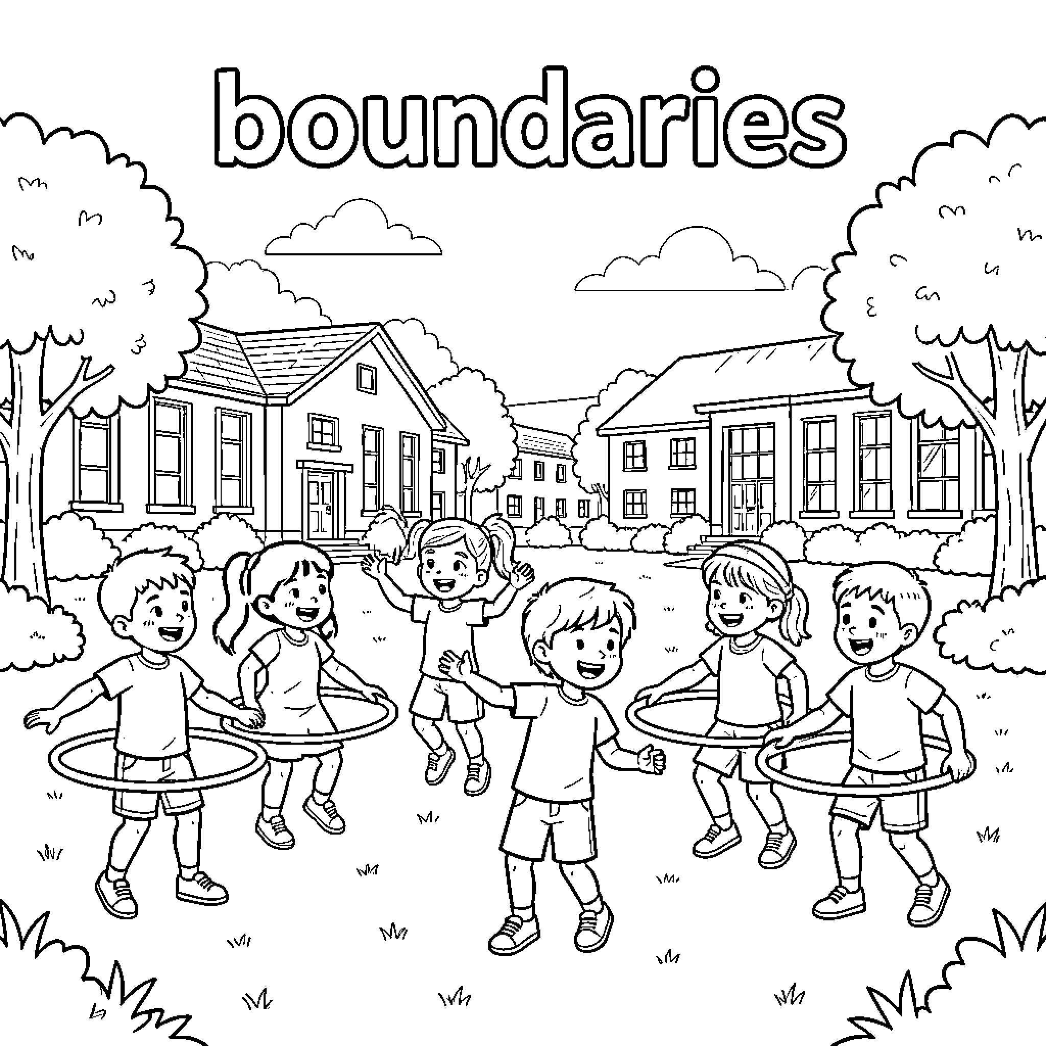 Student children playing with hoops in a residential area Coloring Page (free black-and-white line drawing printable PDF for all, from beginners to advanced learners, including children, teens, adults, and seniors)