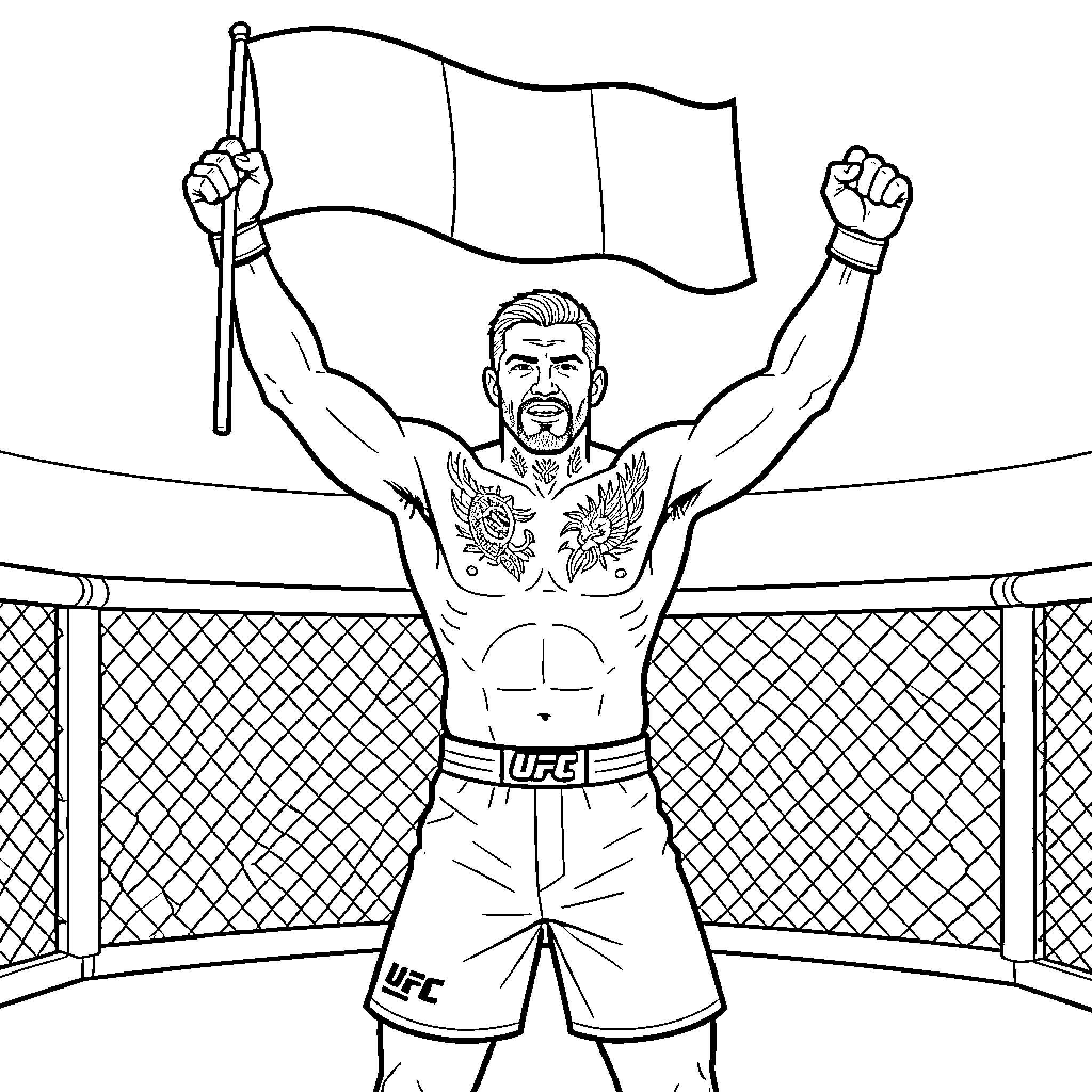 MMA Fighter Celebrating Victory in the Octagon Coloring Page (free black-and-white line drawing printable PDF for all, from beginners to advanced learners, including children, teens, adults, and seniors)