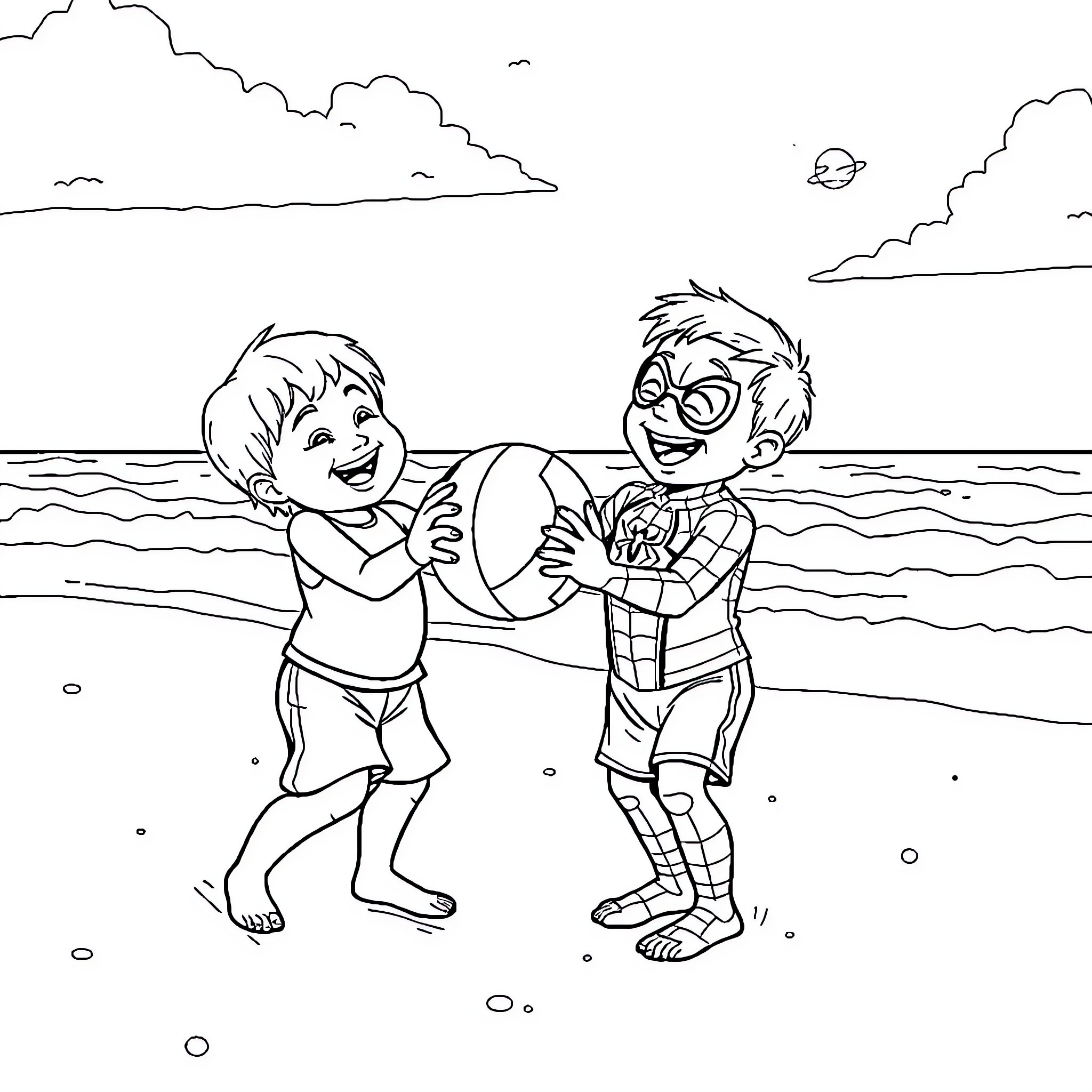 Toddlers playing joyfully at the beach Coloring Page (free black-and-white line drawing printable PDF for all, from beginners to advanced learners, including children, teens, adults, and seniors)