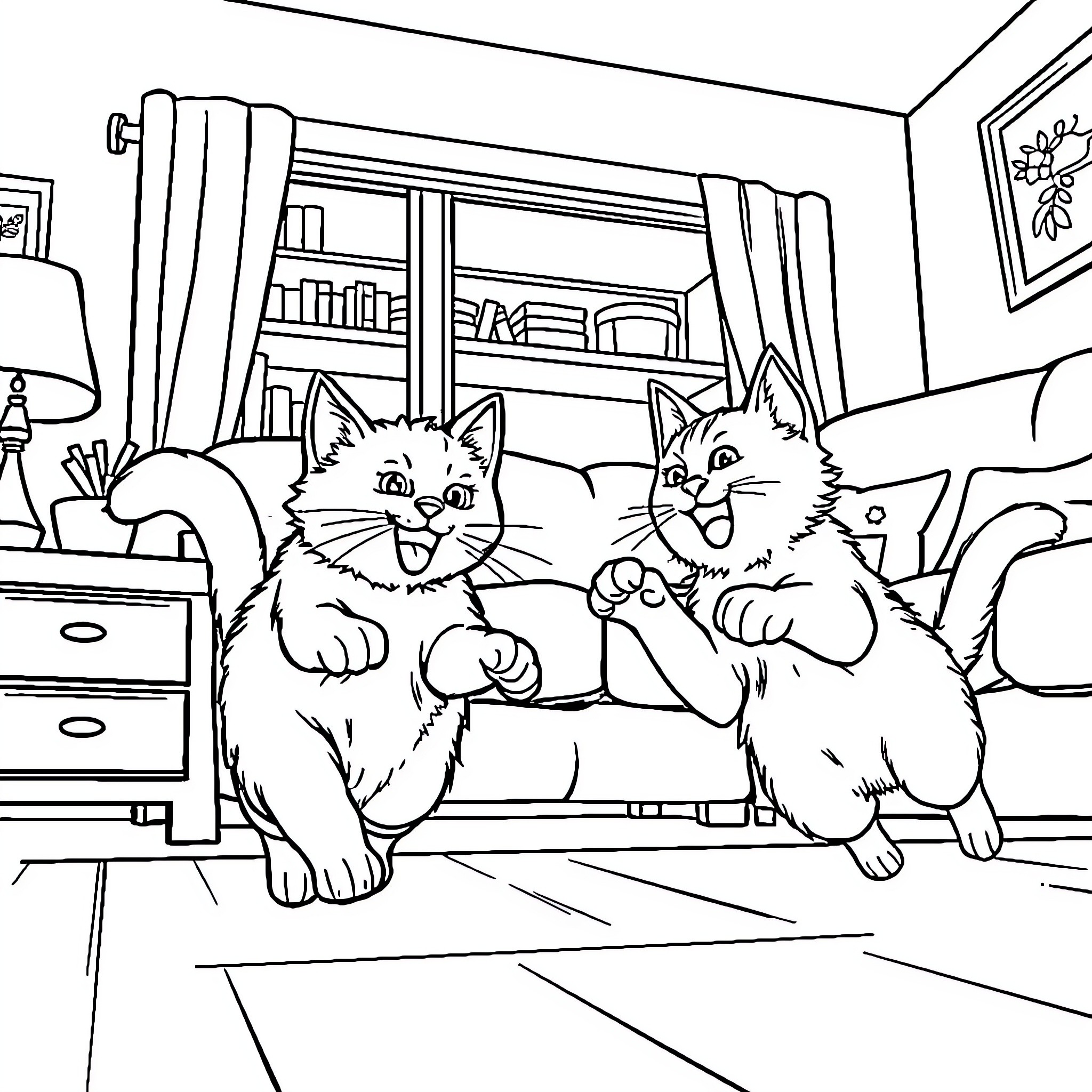 Cat companions cuddling in cozy home Coloring Page (free black-and-white line drawing printable PDF for all, from beginners to advanced learners, including children, teens, adults, and seniors)