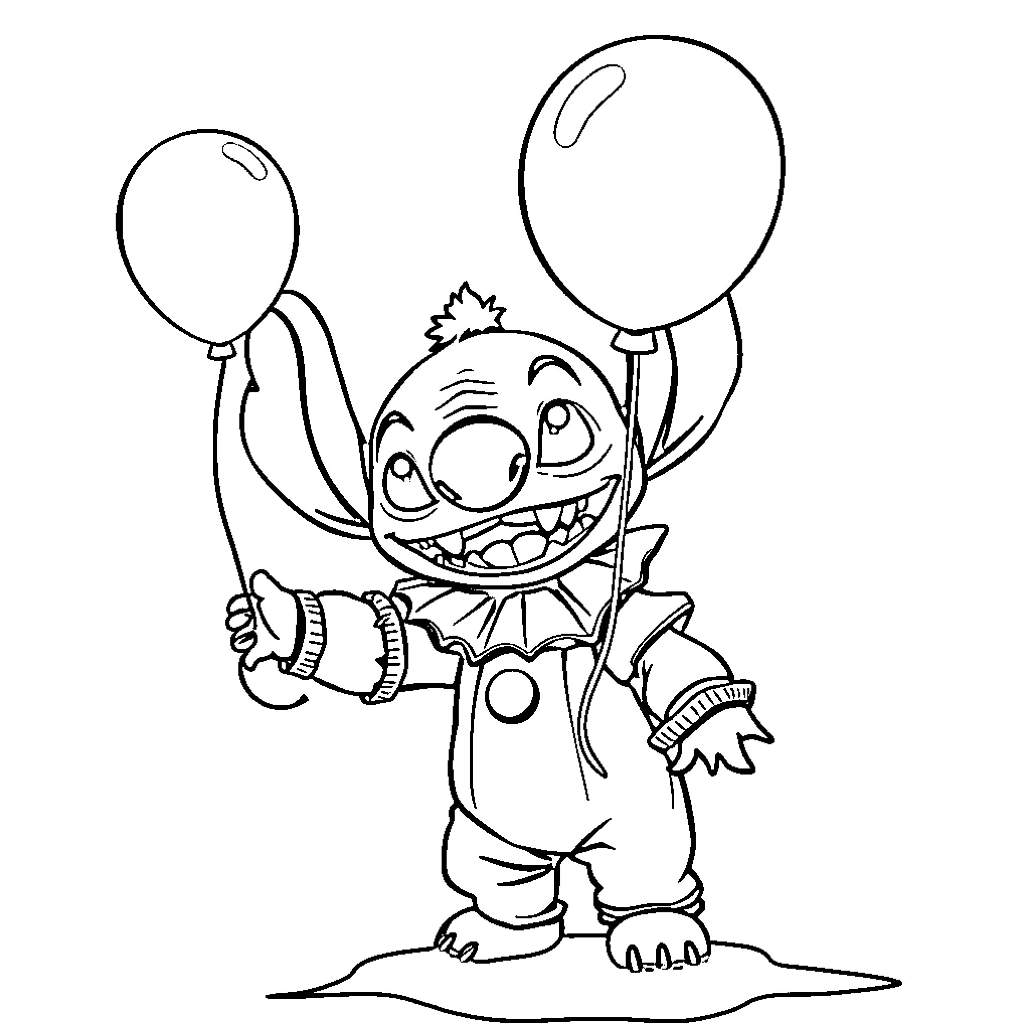 Stitch with balloons having fun Coloring Page (free black-and-white line drawing printable PDF for all, from beginners to advanced learners, including children, teens, adults, and seniors)