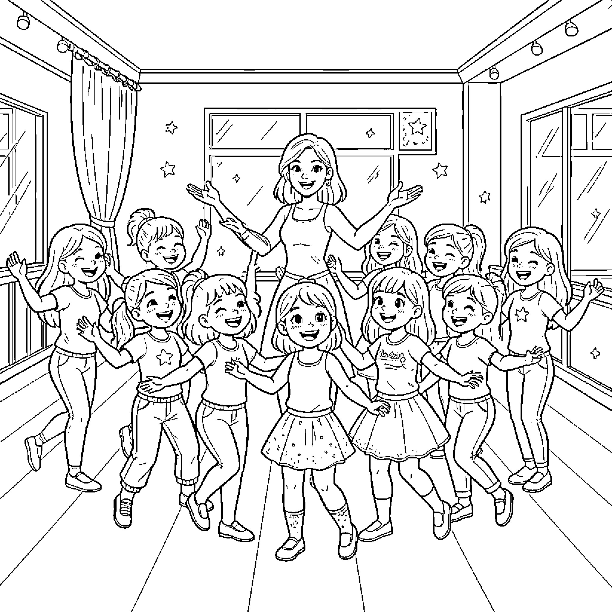 Girl leading a group of happy children in a dance party Coloring Page (free black-and-white line drawing printable PDF for all, from beginners to advanced learners, including children, teens, adults, and seniors)