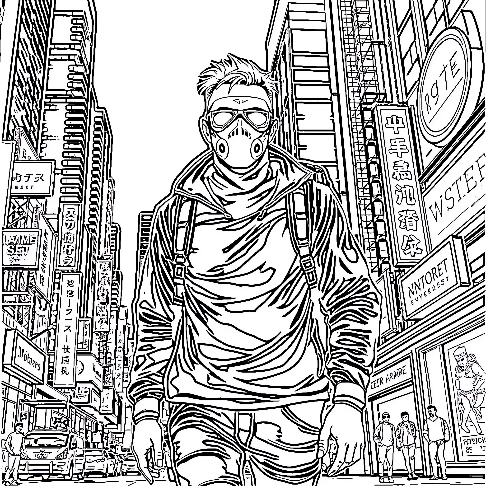 Cyberpunk Man Navigates Futuristic City Landscape Coloring Page (free black-and-white line drawing printable PDF for all, from beginners to advanced learners, including children, teens, adults, and seniors)
