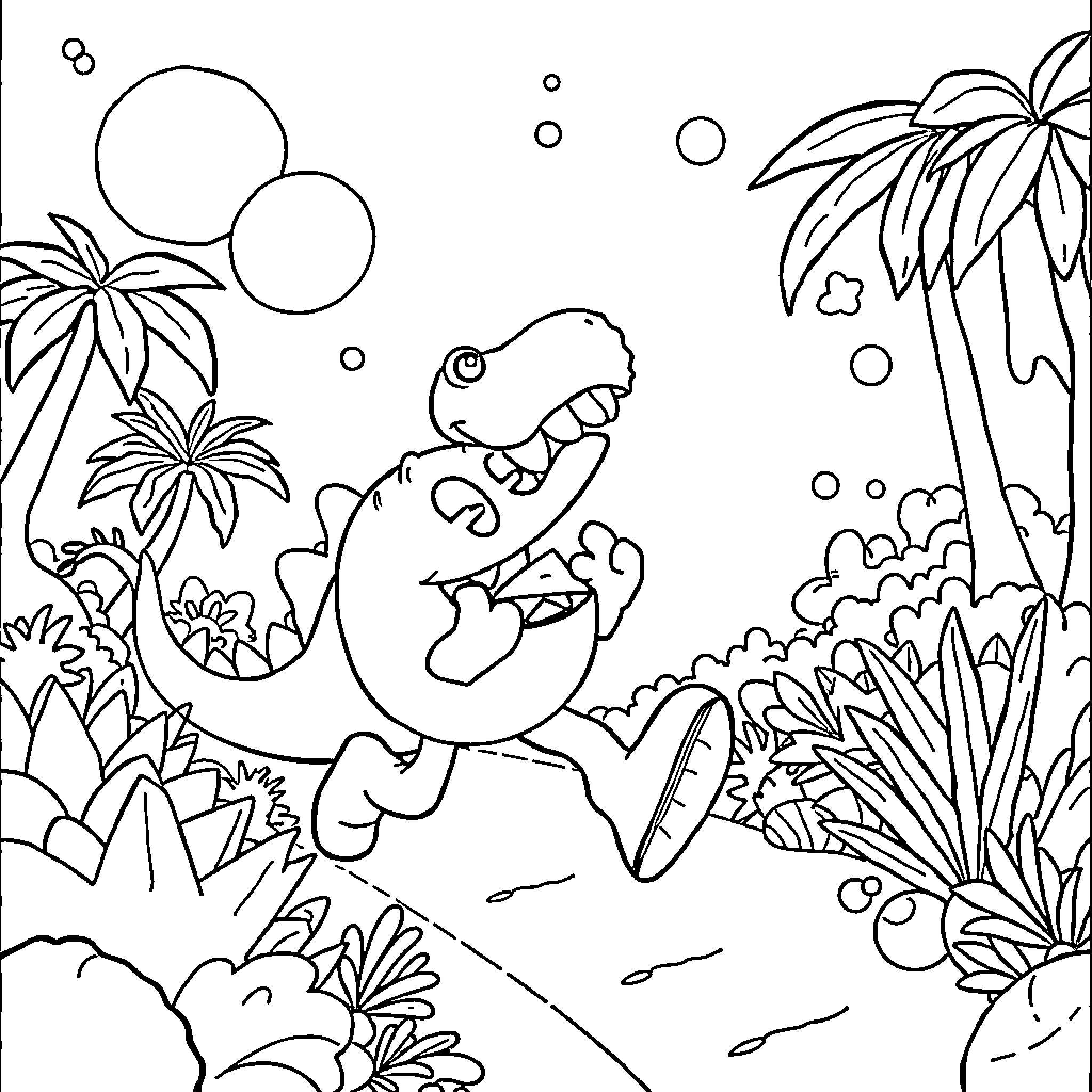 Pacman-style character exploring tropical jungle landscape Coloring Page (free black-and-white line drawing printable PDF for all, from beginners to advanced learners, including children, teens, adults, and seniors)