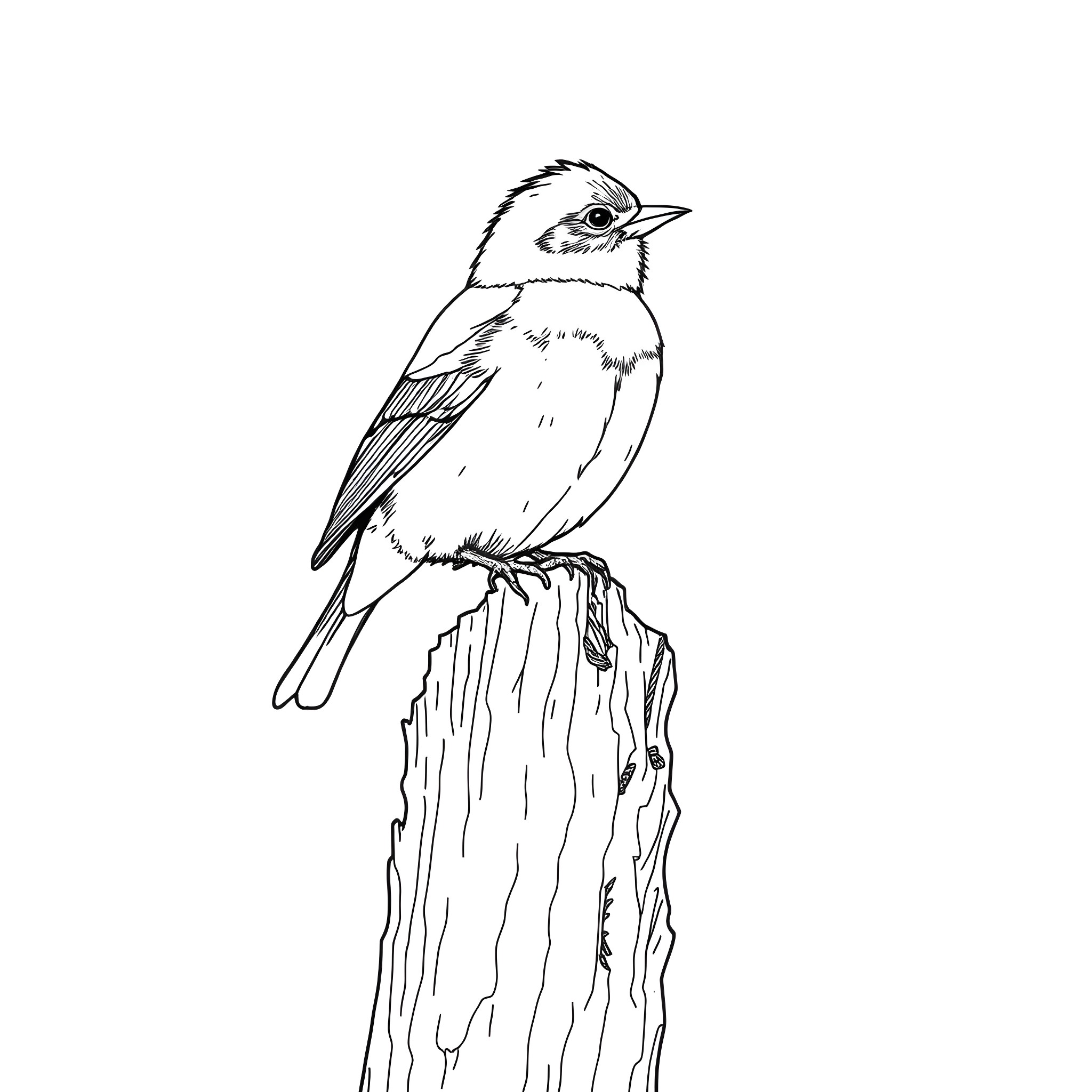 Saffron Finch perched on a tree stump Coloring Page (free black-and-white line drawing printable PDF for all, from beginners to advanced learners, including children, teens, adults, and seniors)