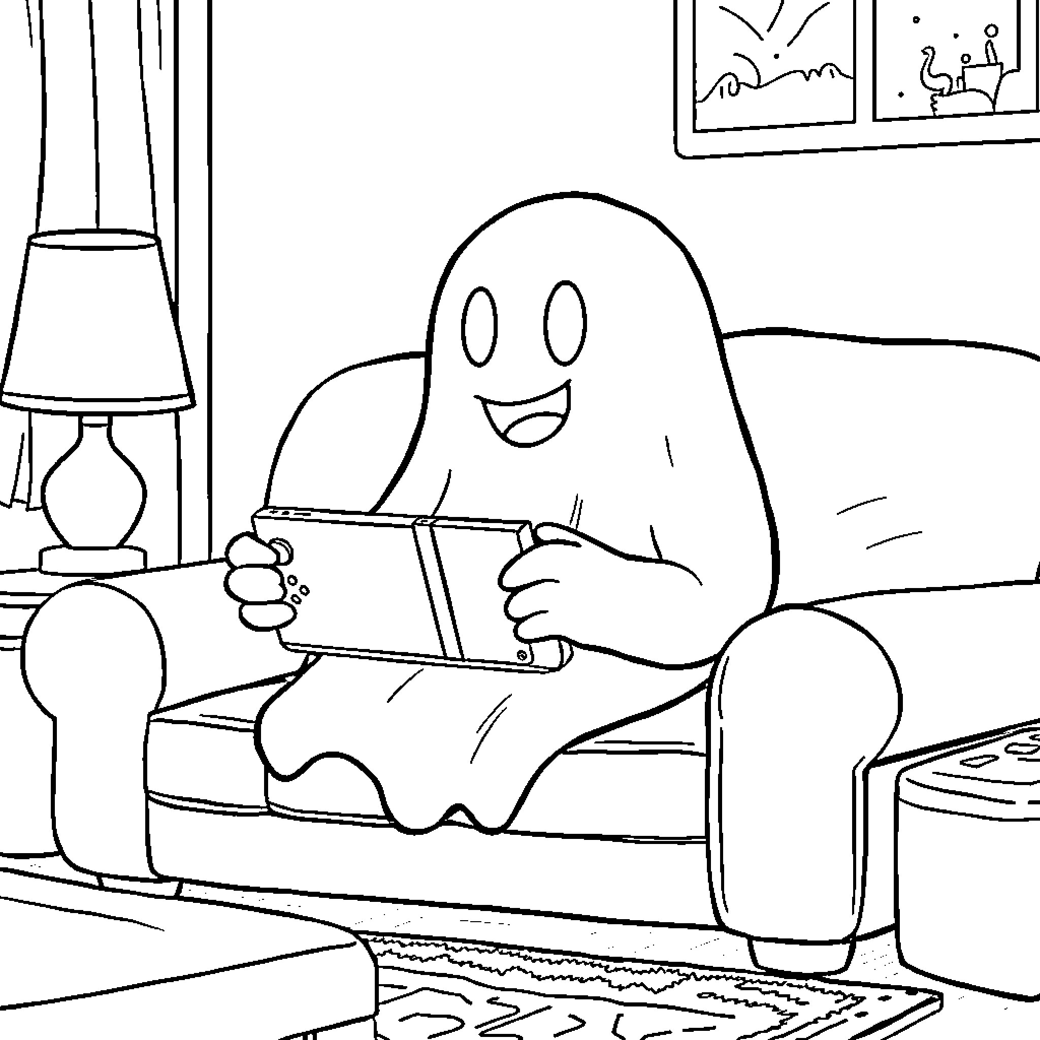 Ghost enjoying a cozy day at home Coloring Page (free black-and-white line drawing printable PDF for all, from beginners to advanced learners, including children, teens, adults, and seniors)