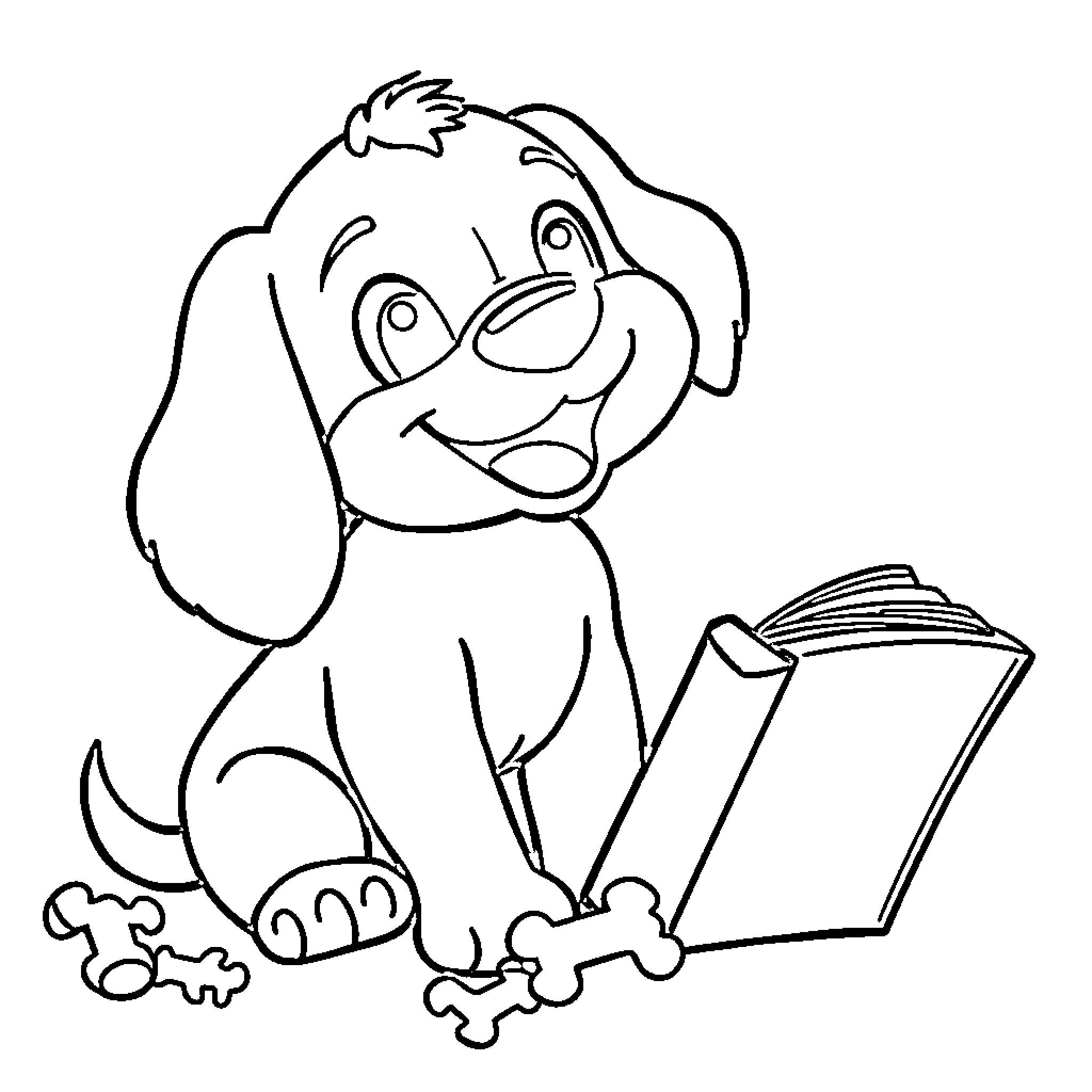 Dog reading a book happily Coloring Page (free black-and-white line drawing printable PDF for all, from beginners to advanced learners, including children, teens, adults, and seniors)