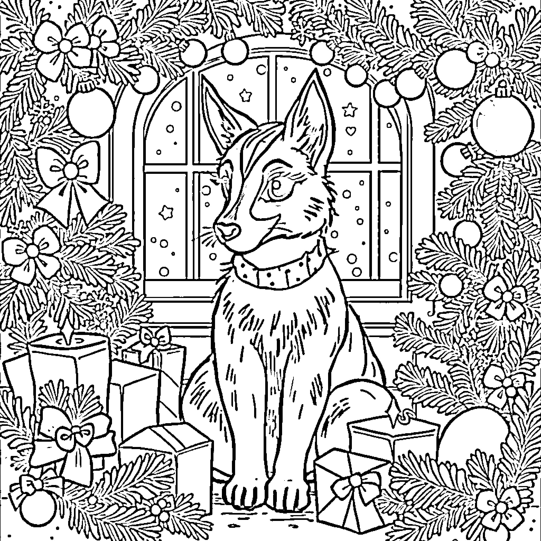 Huntrix Wolfhound's Merry Christmas Celebration Coloring Page (free black-and-white line drawing printable PDF for all, from beginners to advanced learners, including children, teens, adults, and seniors)