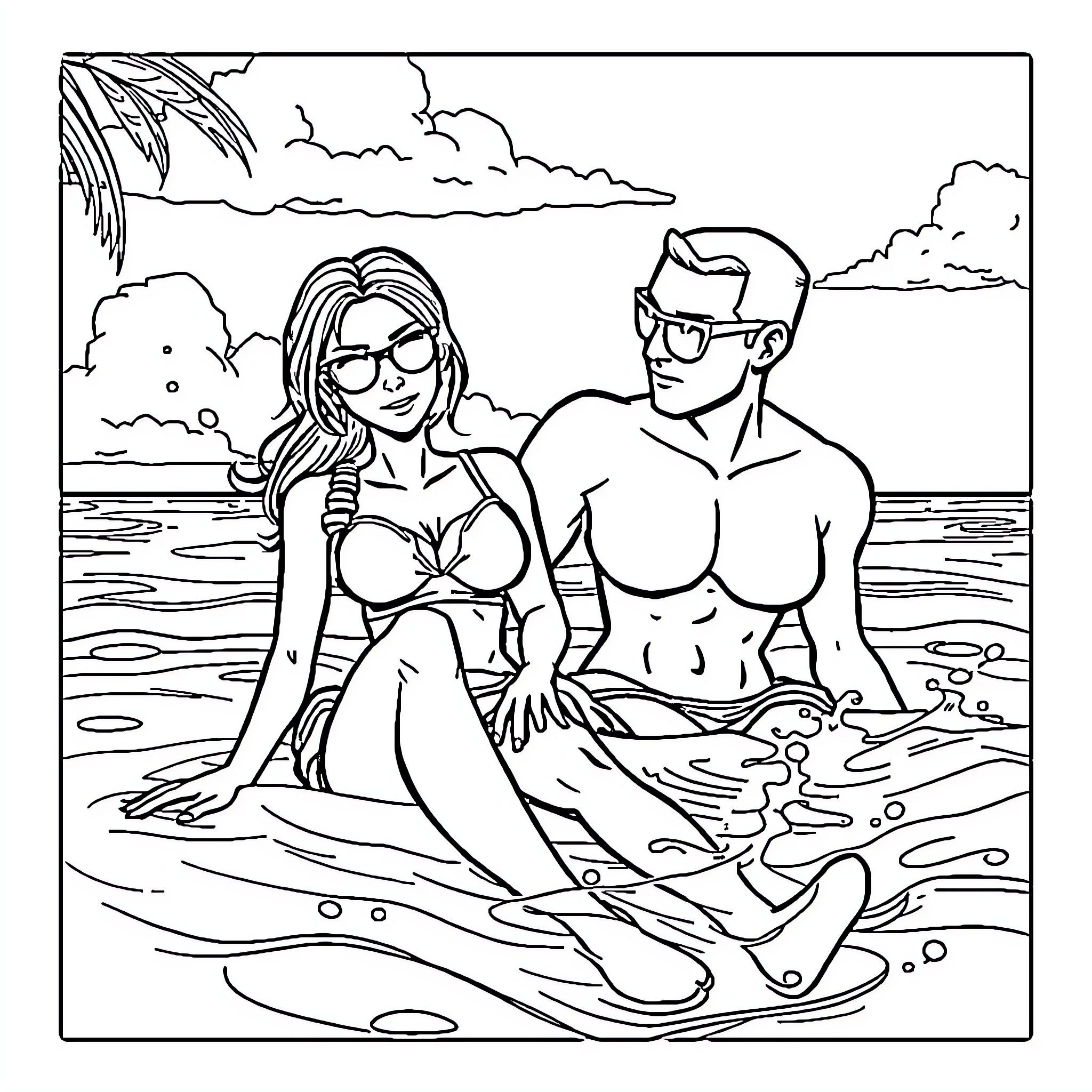 Lara Croft and companion relaxing at the beach Coloring Page (free black-and-white line drawing printable PDF for all, from beginners to advanced learners, including children, teens, adults, and seniors)