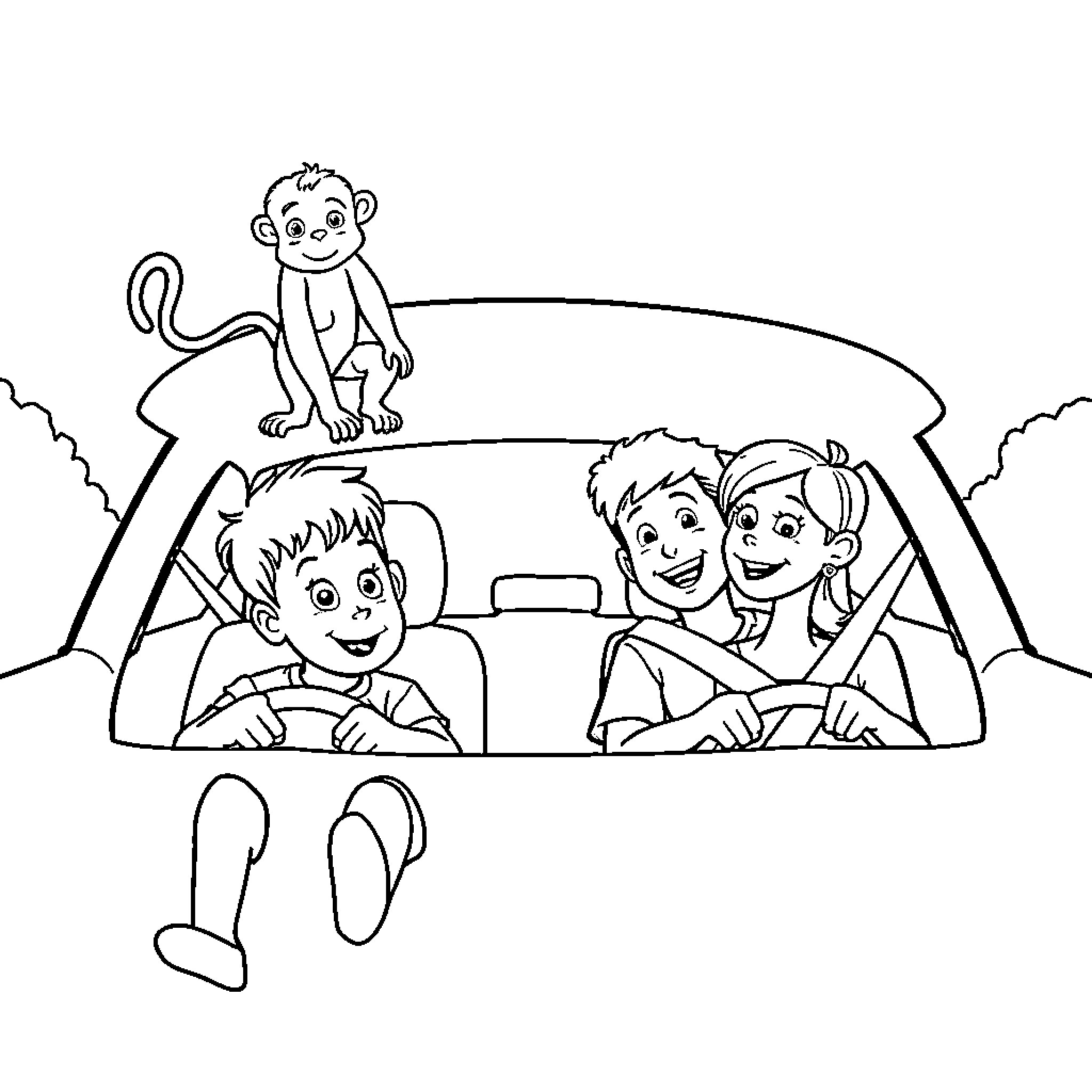 Car carrying family on a road trip Coloring Page (free black-and-white line drawing printable PDF for all, from beginners to advanced learners, including children, teens, adults, and seniors)