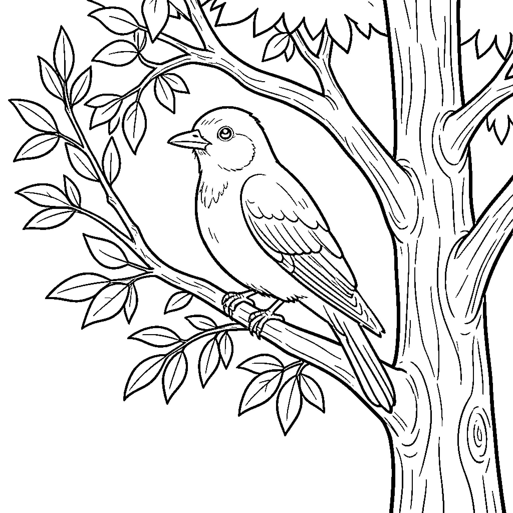 Bird perched on tree branch in forest Coloring Page (free black-and-white line drawing printable PDF for all, from beginners to advanced learners, including children, teens, adults, and seniors)