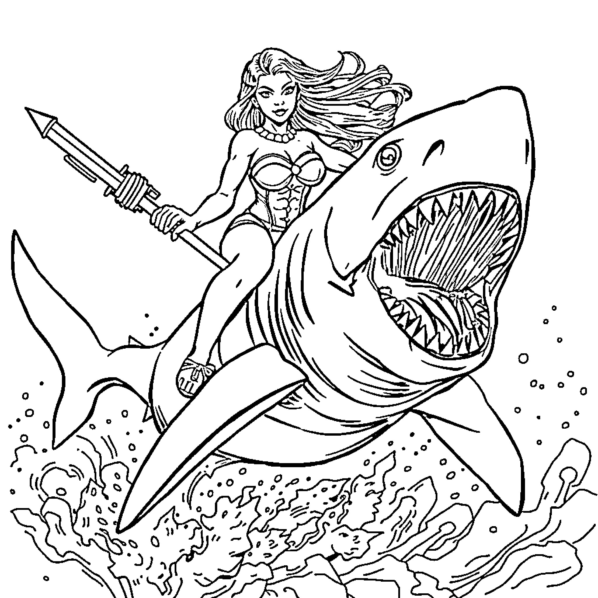 Lady Warrior Battles Ferocious Shark in the Ocean Coloring Page (free black-and-white line drawing printable PDF for all, from beginners to advanced learners, including children, teens, adults, and seniors)