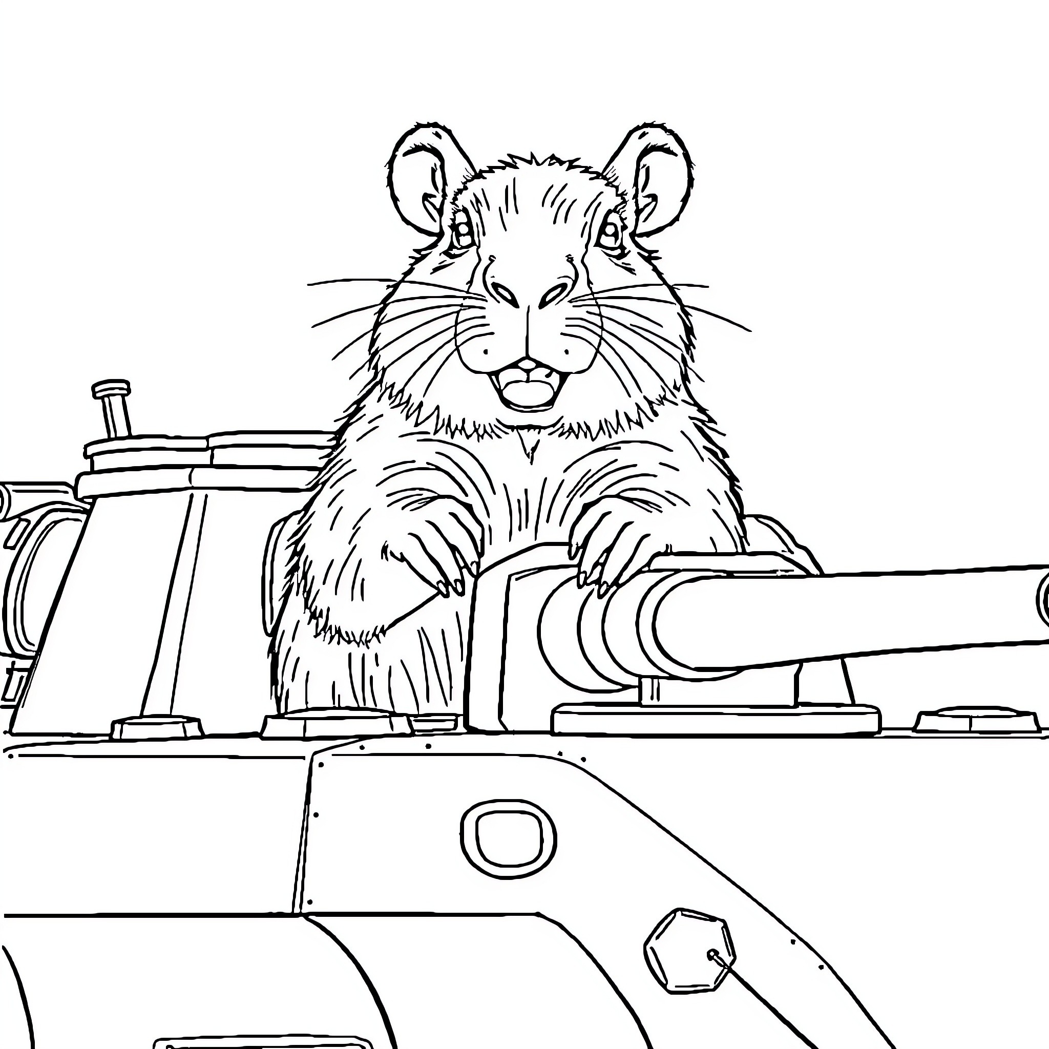 Capybara riding a military tank Coloring Page (free black-and-white line drawing printable PDF for all, from beginners to advanced learners, including children, teens, adults, and seniors)