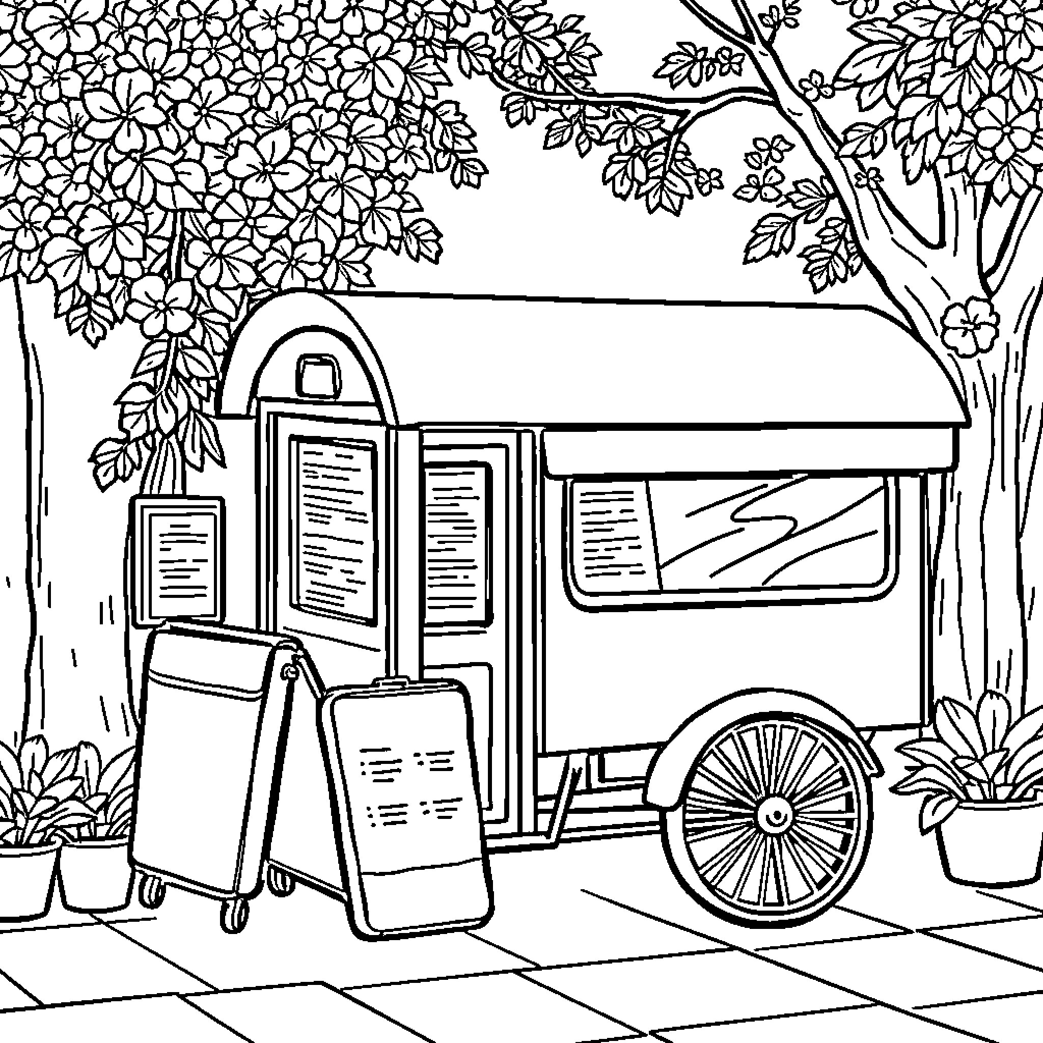 Passport on the Go: A Mobile Passport Service Coloring Page (free black-and-white line drawing printable PDF for all, from beginners to advanced learners, including children, teens, adults, and seniors)