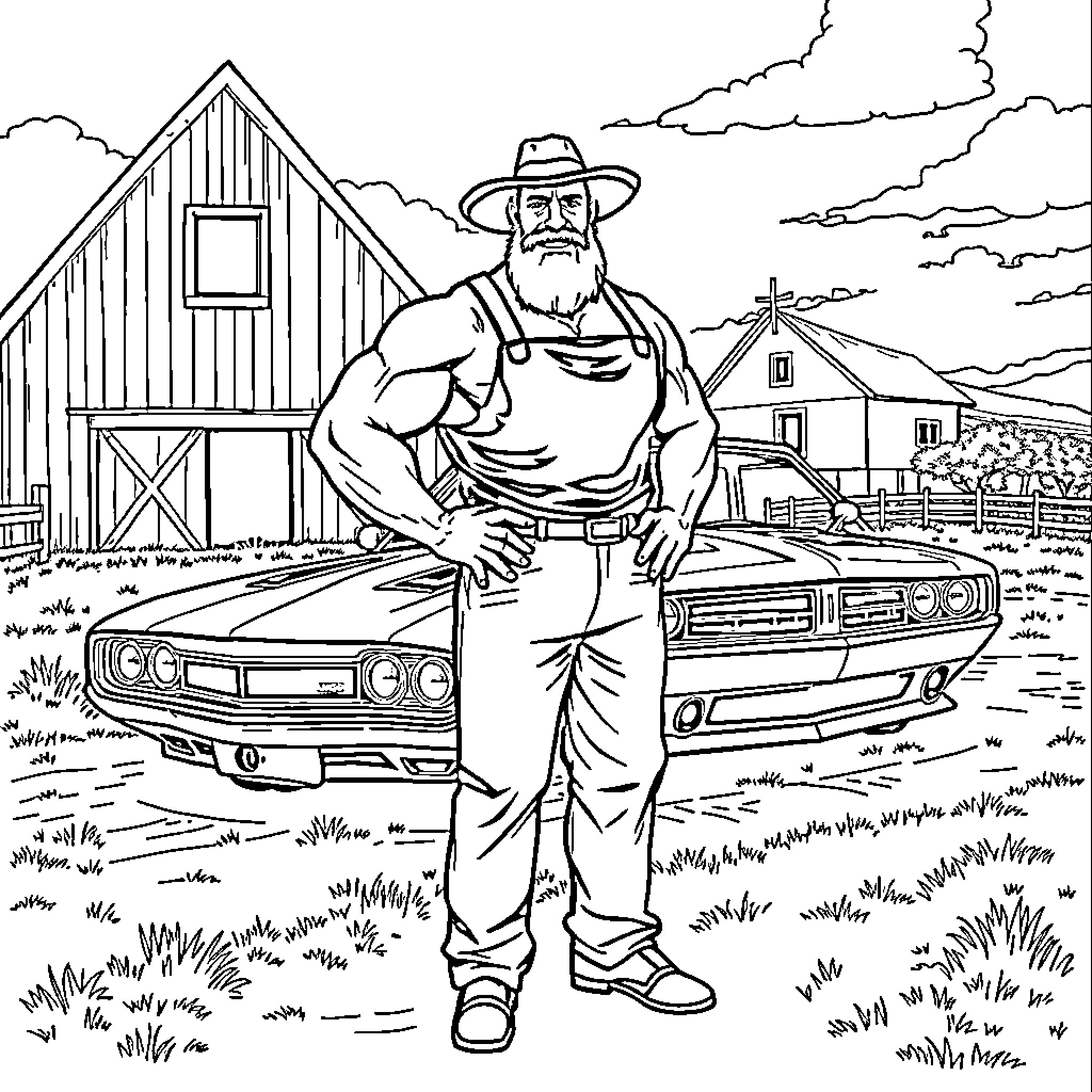 Amish Man Posing with Vintage Car in Rural Countryside Coloring Page (free black-and-white line drawing printable PDF for all, from beginners to advanced learners, including children, teens, adults, and seniors)