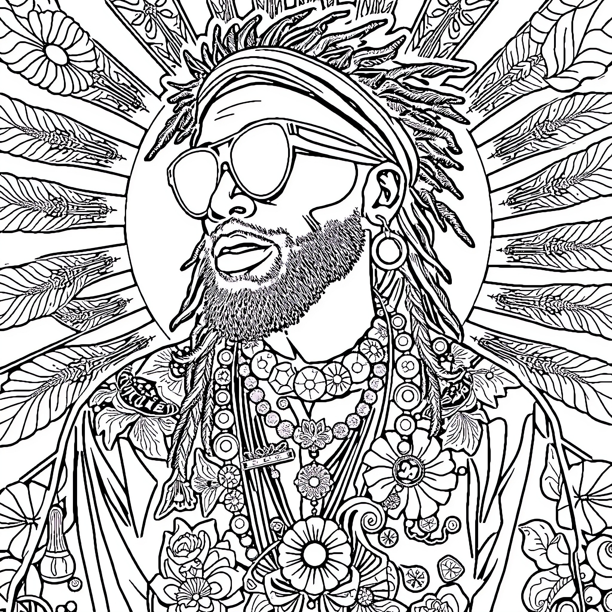 Leo's Psychedelic Adornment and Expression Coloring Page (free black-and-white line drawing printable PDF for all, from beginners to advanced learners, including children, teens, adults, and seniors)