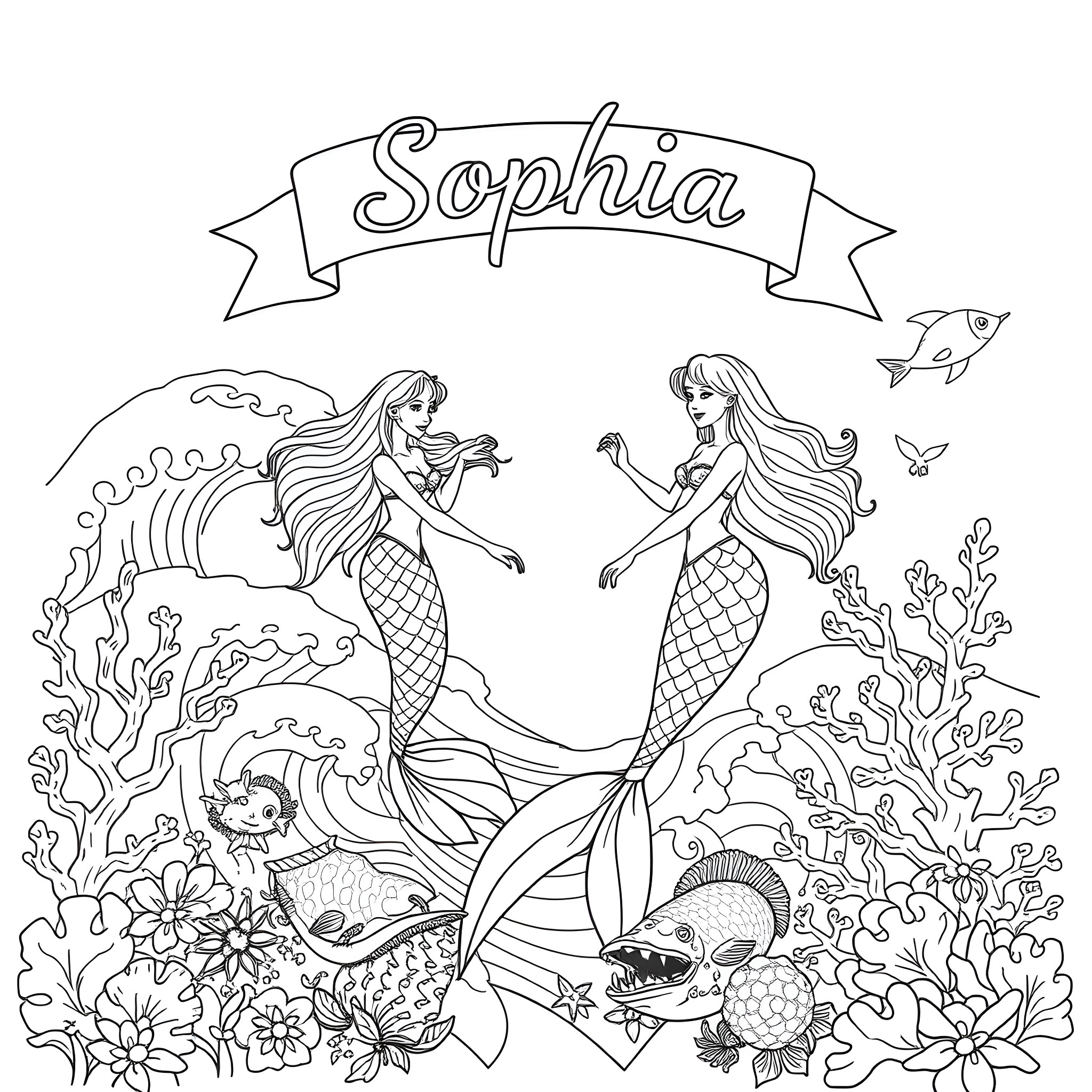 Mermaid Sophia swimming joyfully among underwater flora and fauna Coloring Page (free black-and-white line drawing printable PDF for all, from beginners to advanced learners, including children, teens, adults, and seniors)