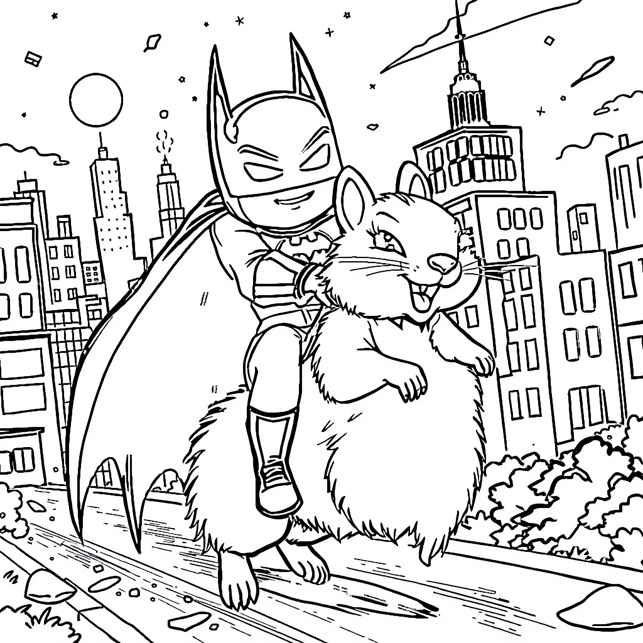 Batman's Furry Companion Soars Through the City Coloring Page (free black-and-white line drawing printable PDF for all, from beginners to advanced learners, including children, teens, adults, and seniors)