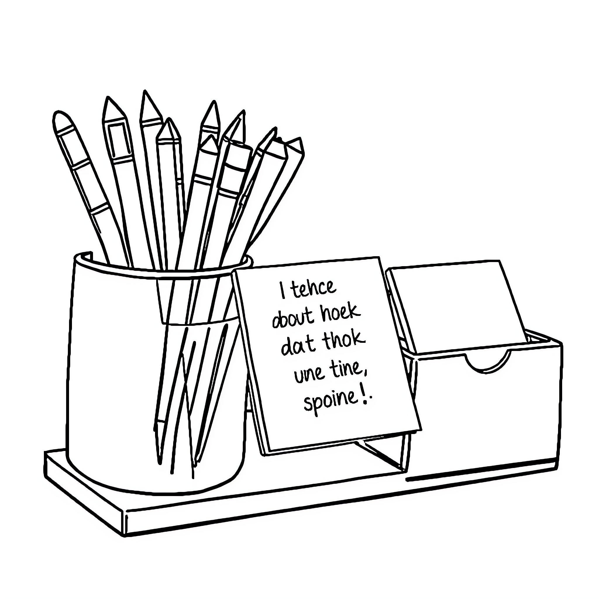 Desk Organizer with Pencils and Humorous Note Coloring Page (free black-and-white line drawing printable PDF for all, from beginners to advanced learners, including children, teens, adults, and seniors)
