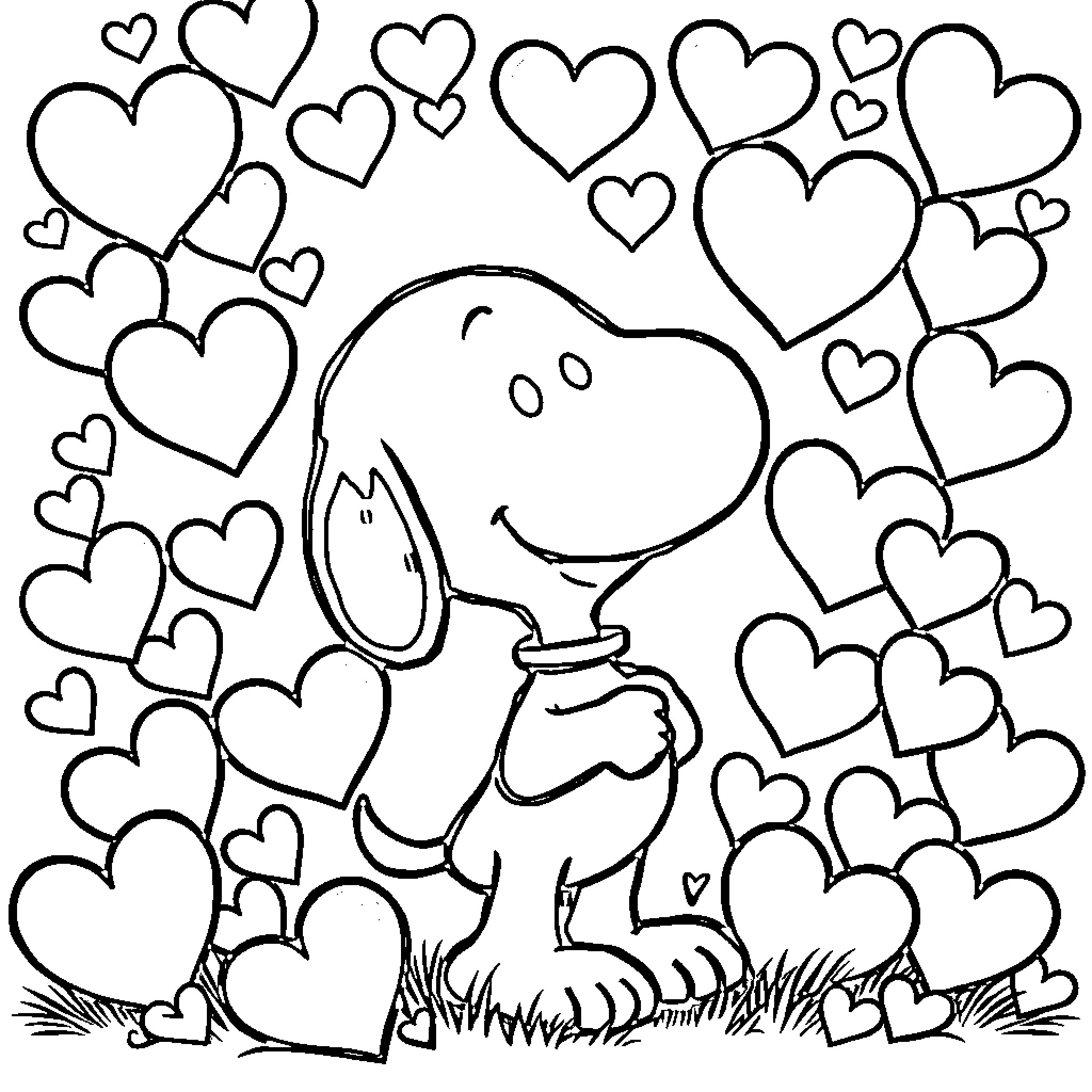 Snoopy surrounded by hearts Coloring Page (free black-and-white line drawing printable PDF for all, from beginners to advanced learners, including children, teens, adults, and seniors)