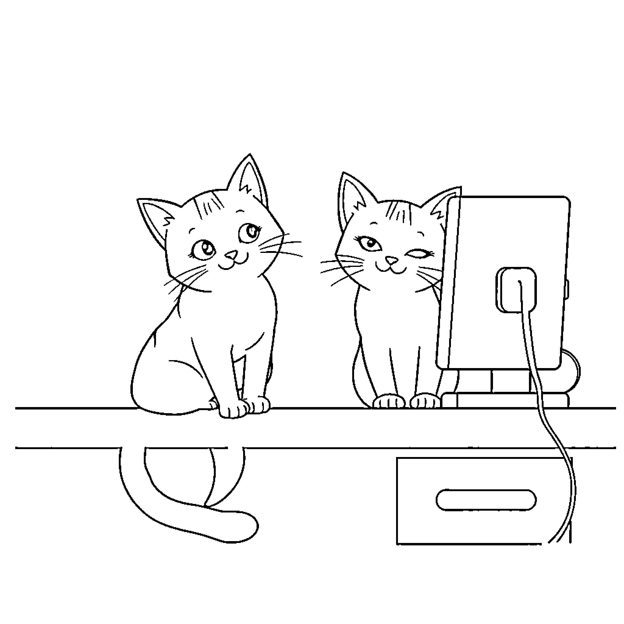 Cats exploring electronic device Coloring Page (free black-and-white line drawing printable PDF for all, from beginners to advanced learners, including children, teens, adults, and seniors)