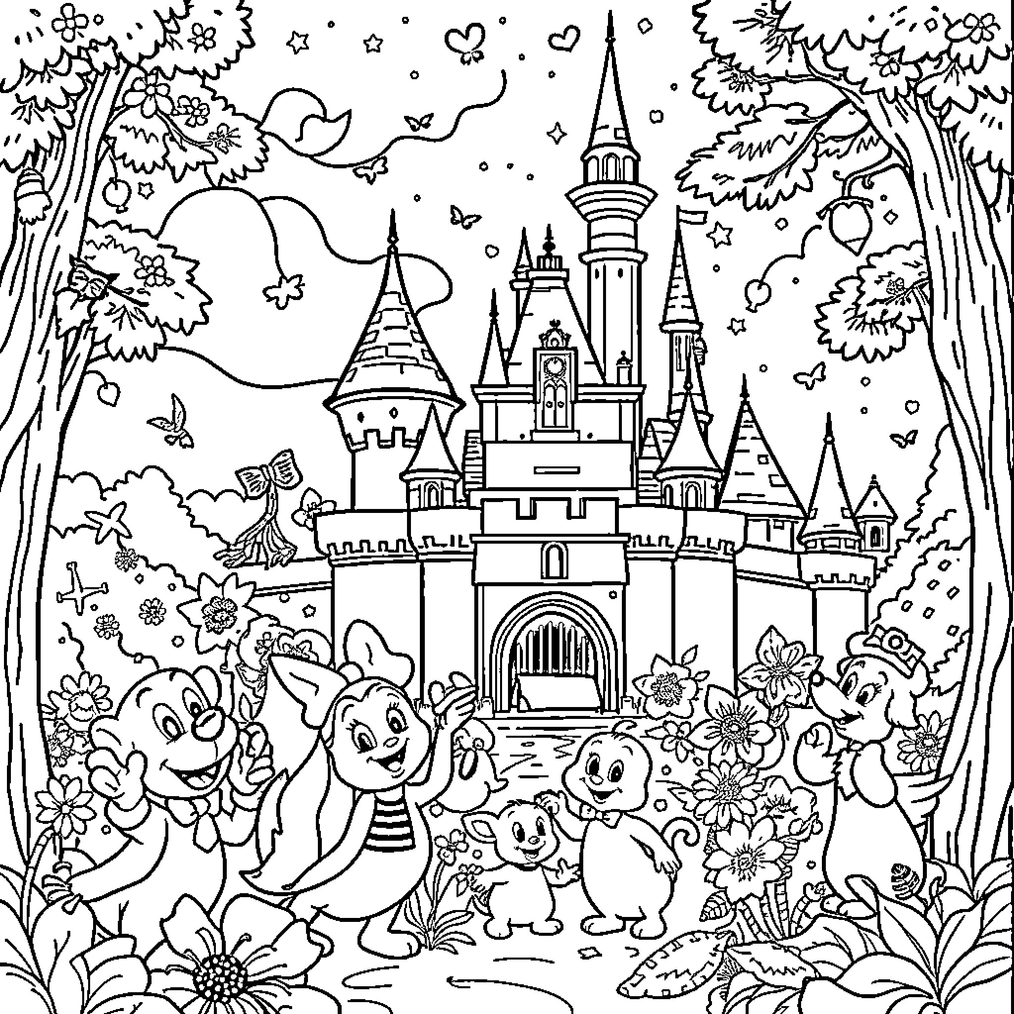 Disney Characters Exploring Magical Castle and Garden Coloring Page (free black-and-white line drawing printable PDF for all, from beginners to advanced learners, including children, teens, adults, and seniors)