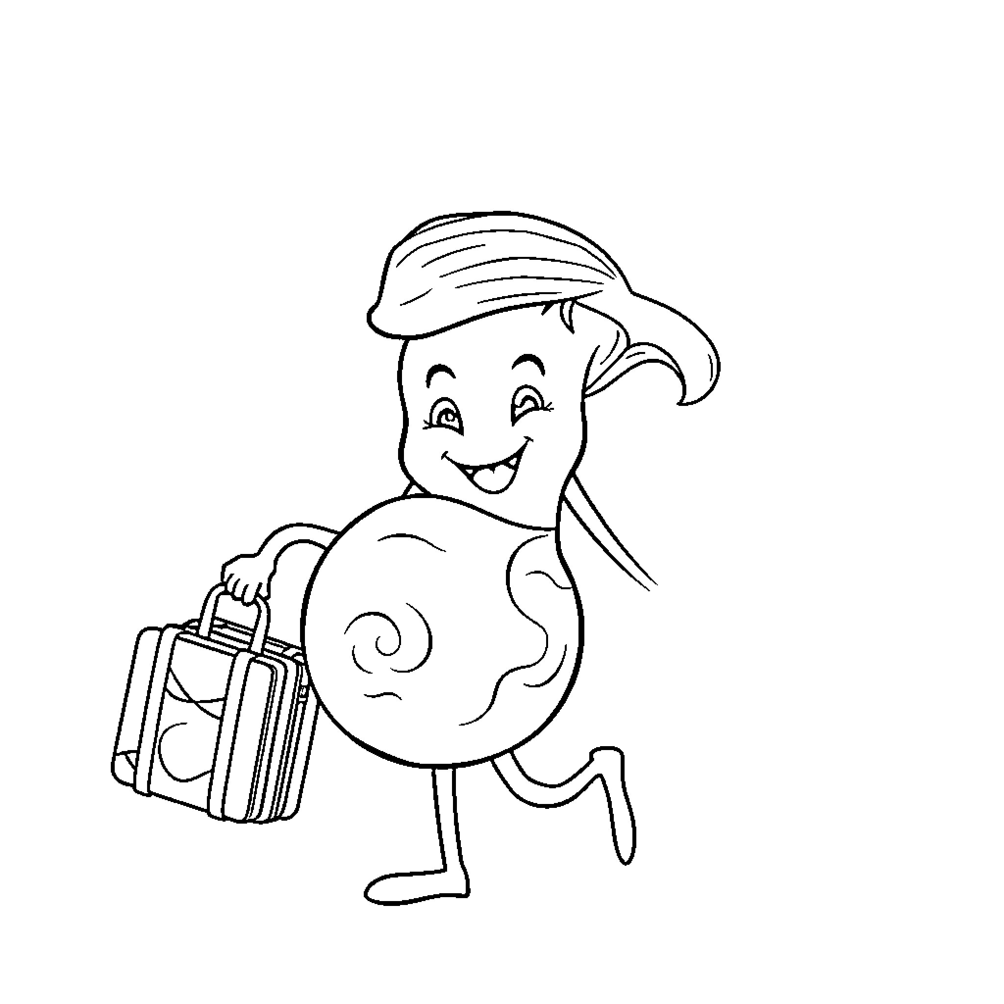 Uterus character traveling with suitcase Coloring Page (free black-and-white line drawing printable PDF for all, from beginners to advanced learners, including children, teens, adults, and seniors)